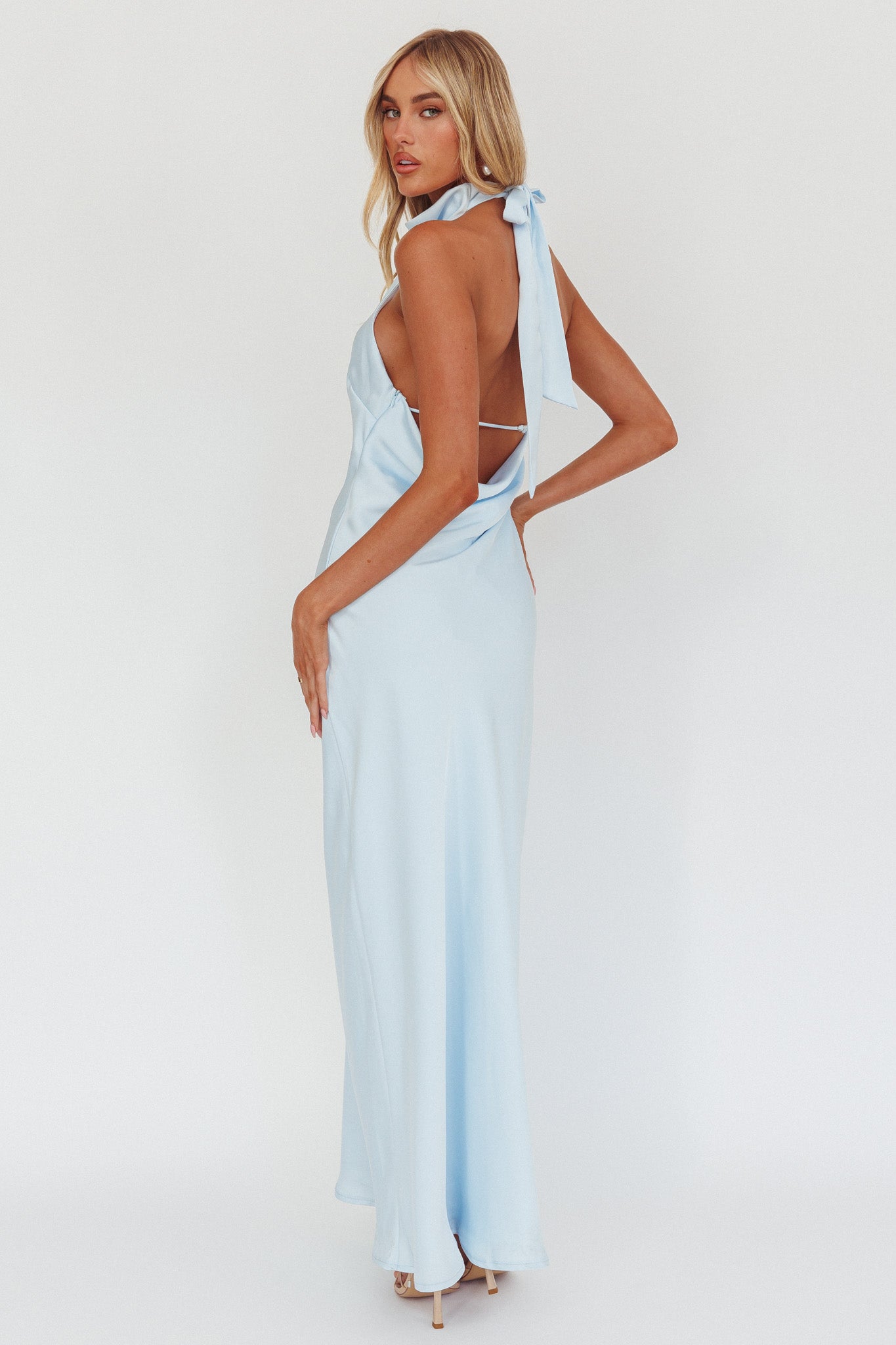Sweetest Sundays Halterneck Open Back Dress Baby Blue-Maymioy