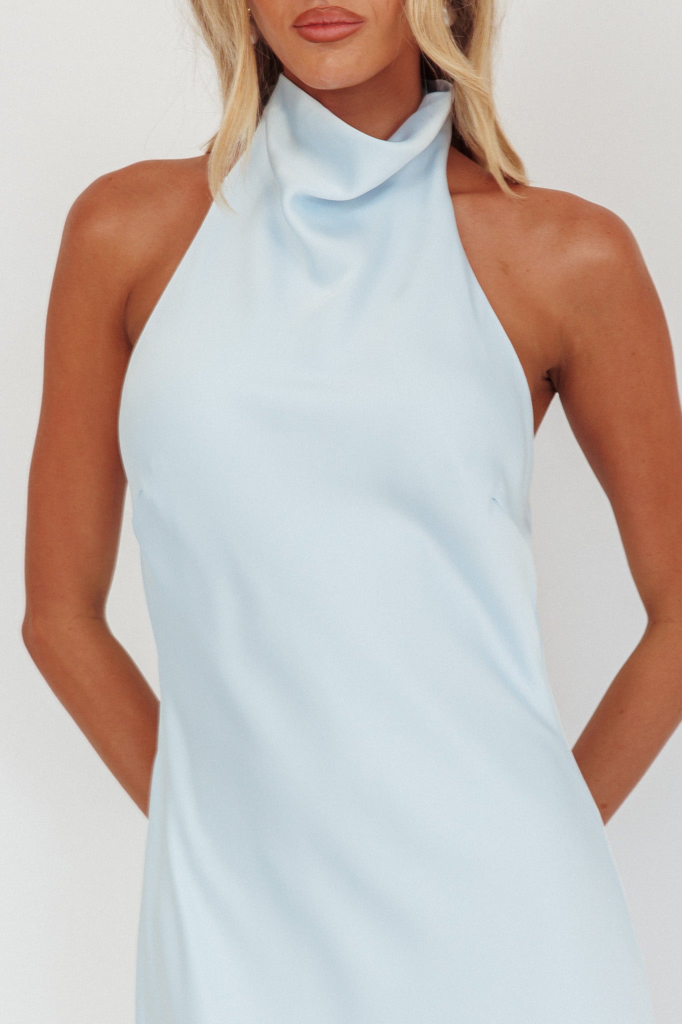 Sweetest Sundays Halterneck Open Back Dress Baby Blue-Maymioy
