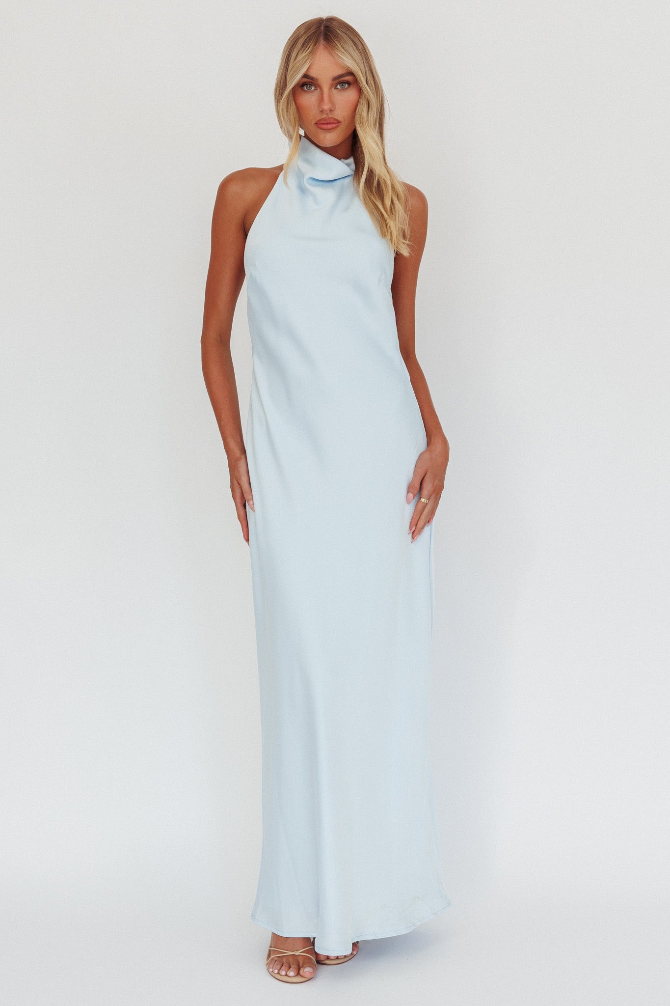 Sweetest Sundays Halterneck Open Back Dress Baby Blue-Maymioy