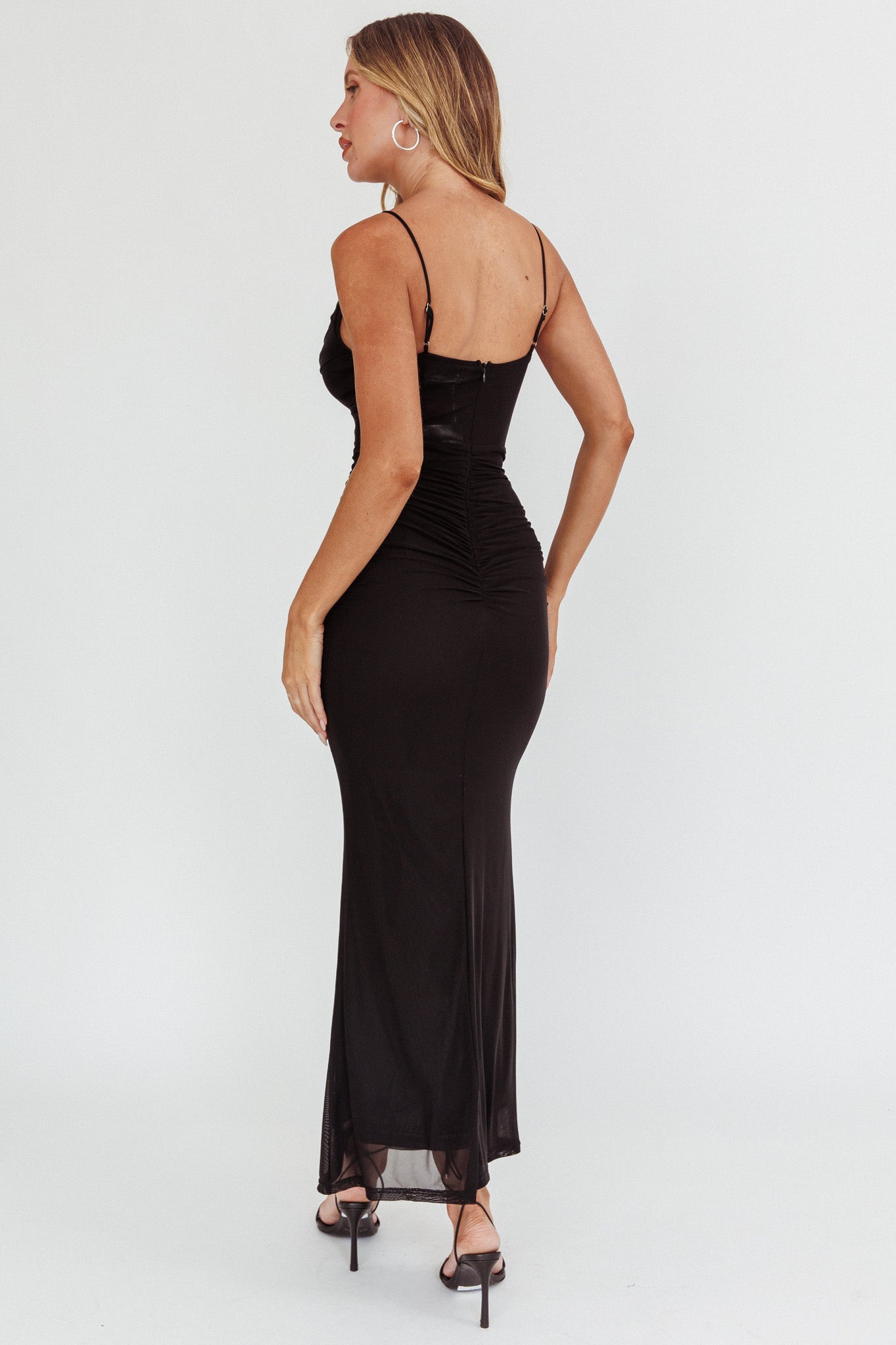 Morella Ruched Waist Mesh Maxi Dress Black-Maymioy