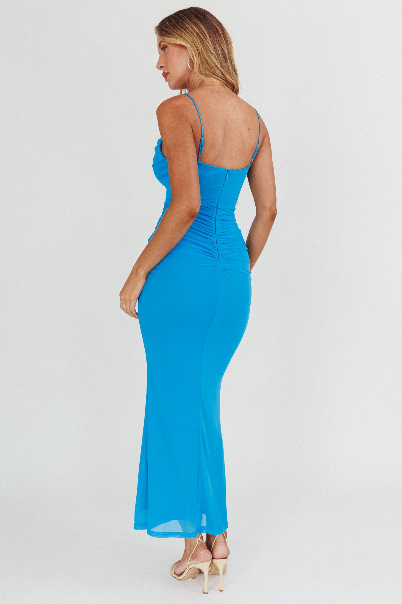 Morella Ruched Waist Mesh Maxi Dress Blue-Maymioy