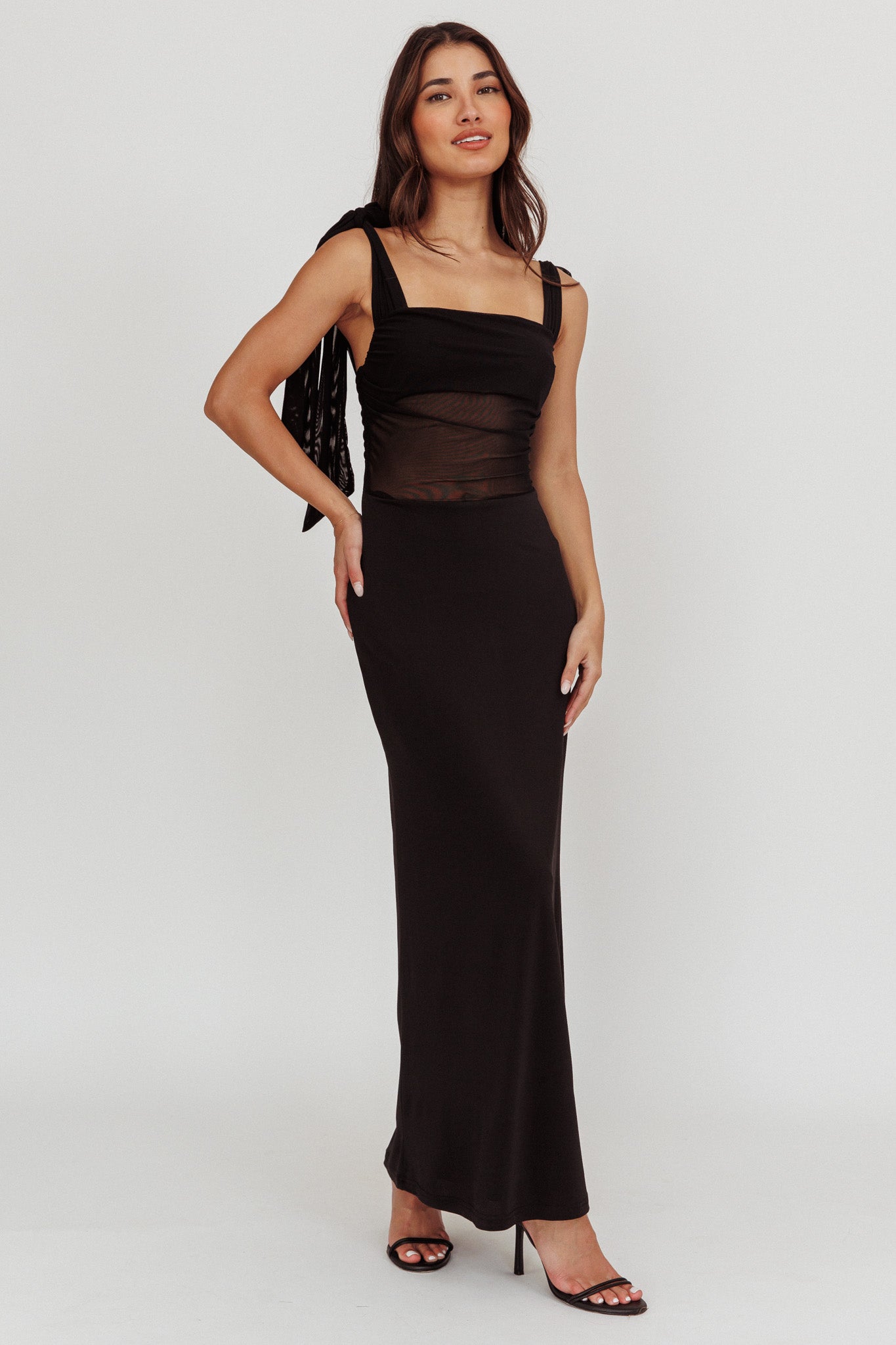 Starry Eyed Mesh Waist Maxi Dress Black-Maymioy