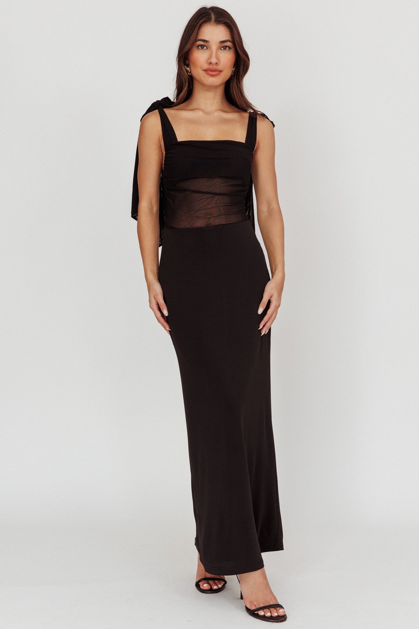 Starry Eyed Mesh Waist Maxi Dress Black-Maymioy