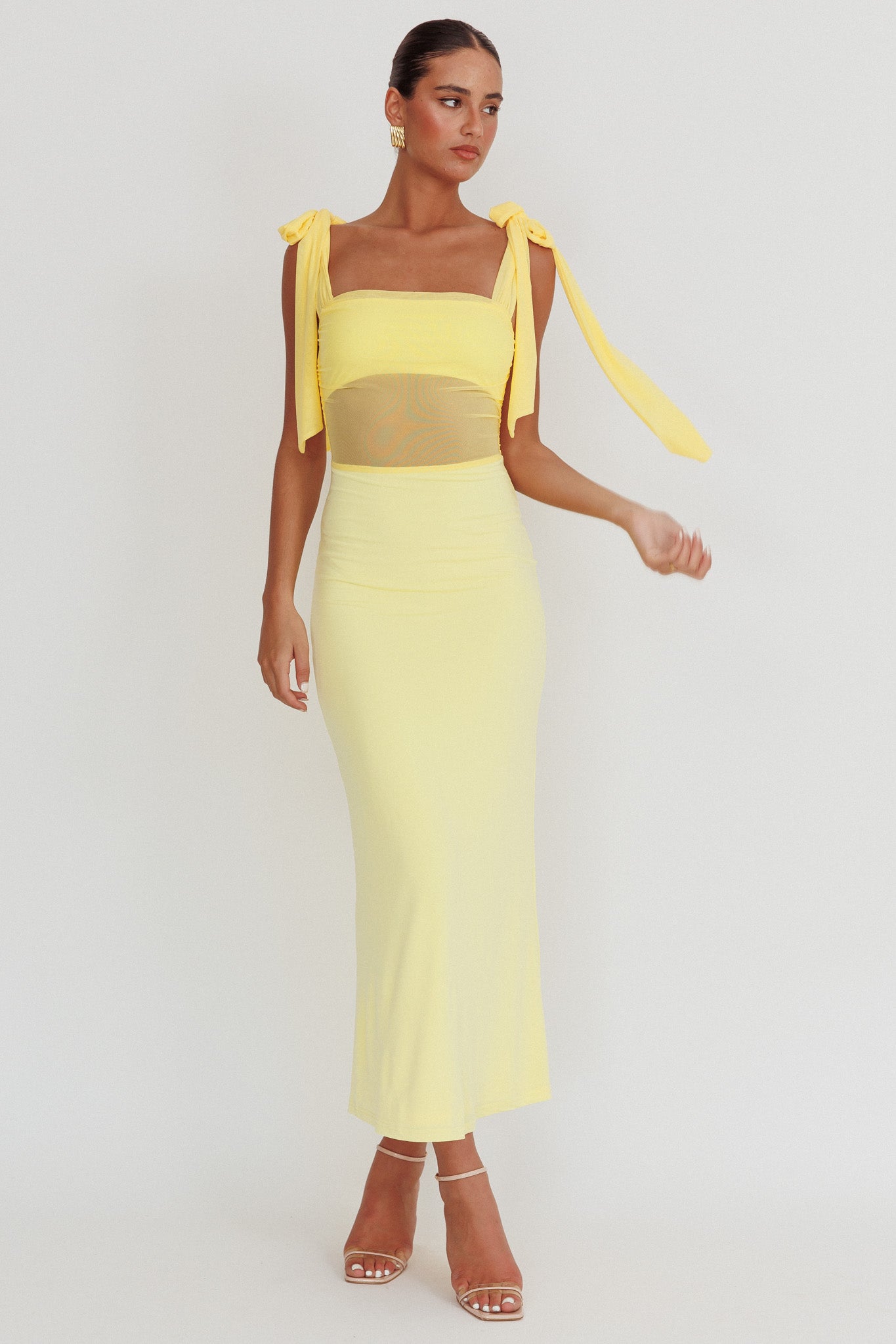 Starry Eyed Mesh Waist Maxi Dress Lemon-Maymioy