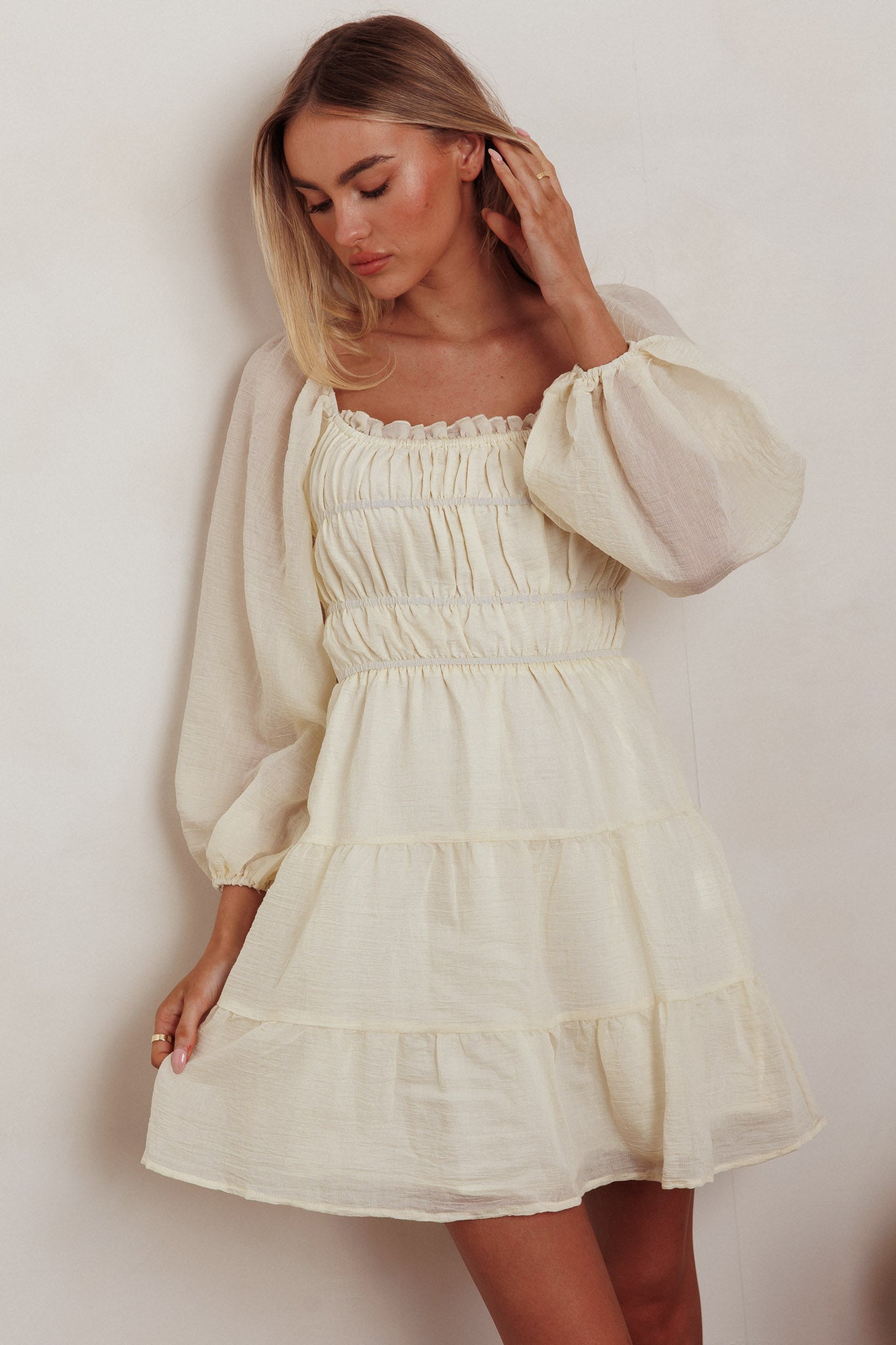 On A High Puff Sleeves Low Back Mini Dress Ivory-Maymioy