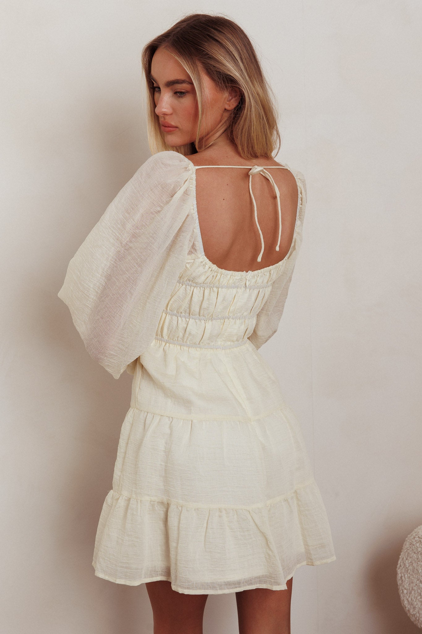 On A High Puff Sleeves Low Back Mini Dress Ivory-Maymioy