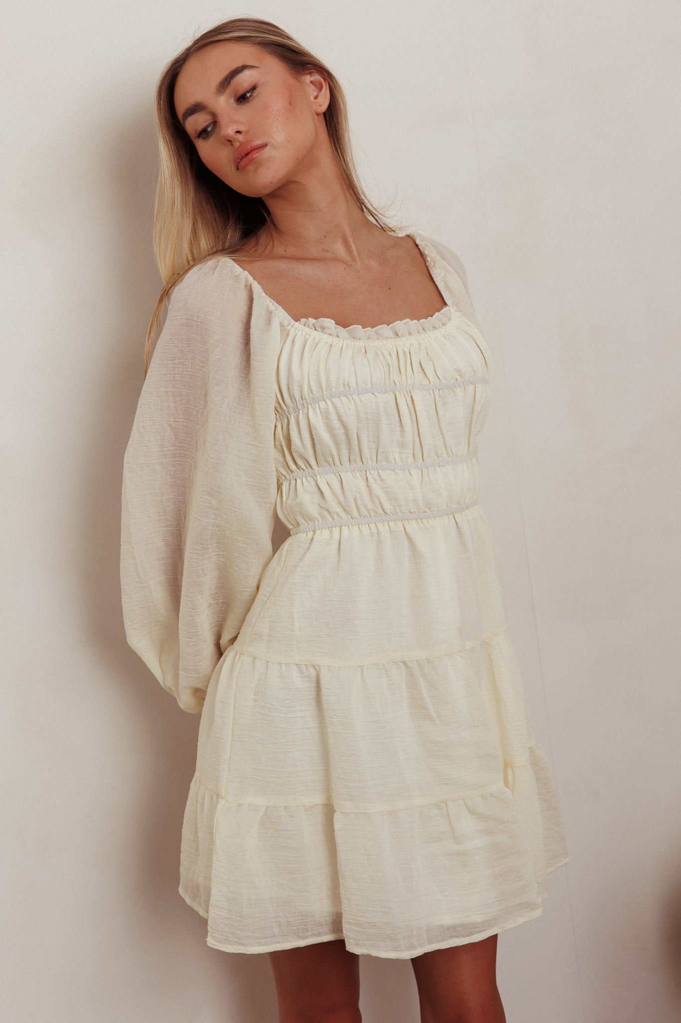On A High Puff Sleeves Low Back Mini Dress Ivory-Maymioy