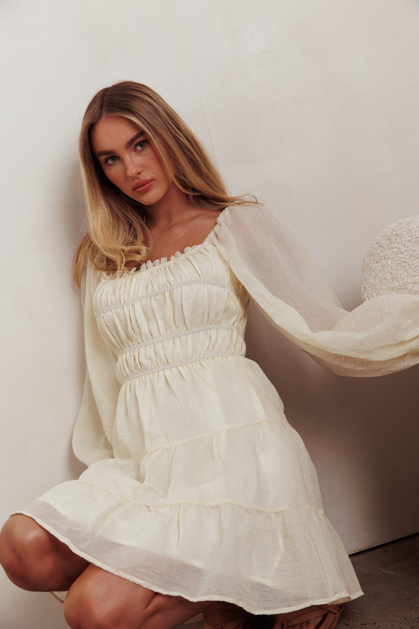 On A High Puff Sleeves Low Back Mini Dress Ivory-Maymioy