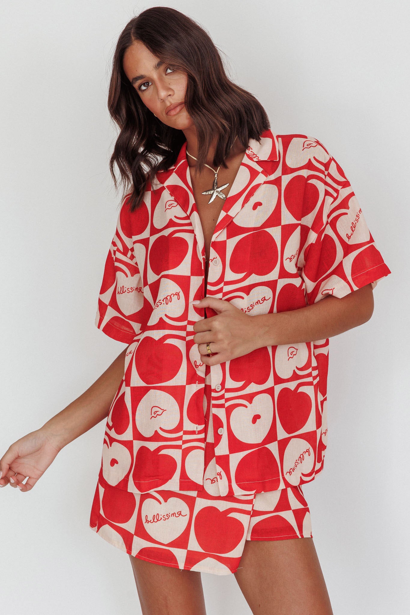 Ithaca Cherry Print Short Sleeve Shirt Red Beige-Maymioy