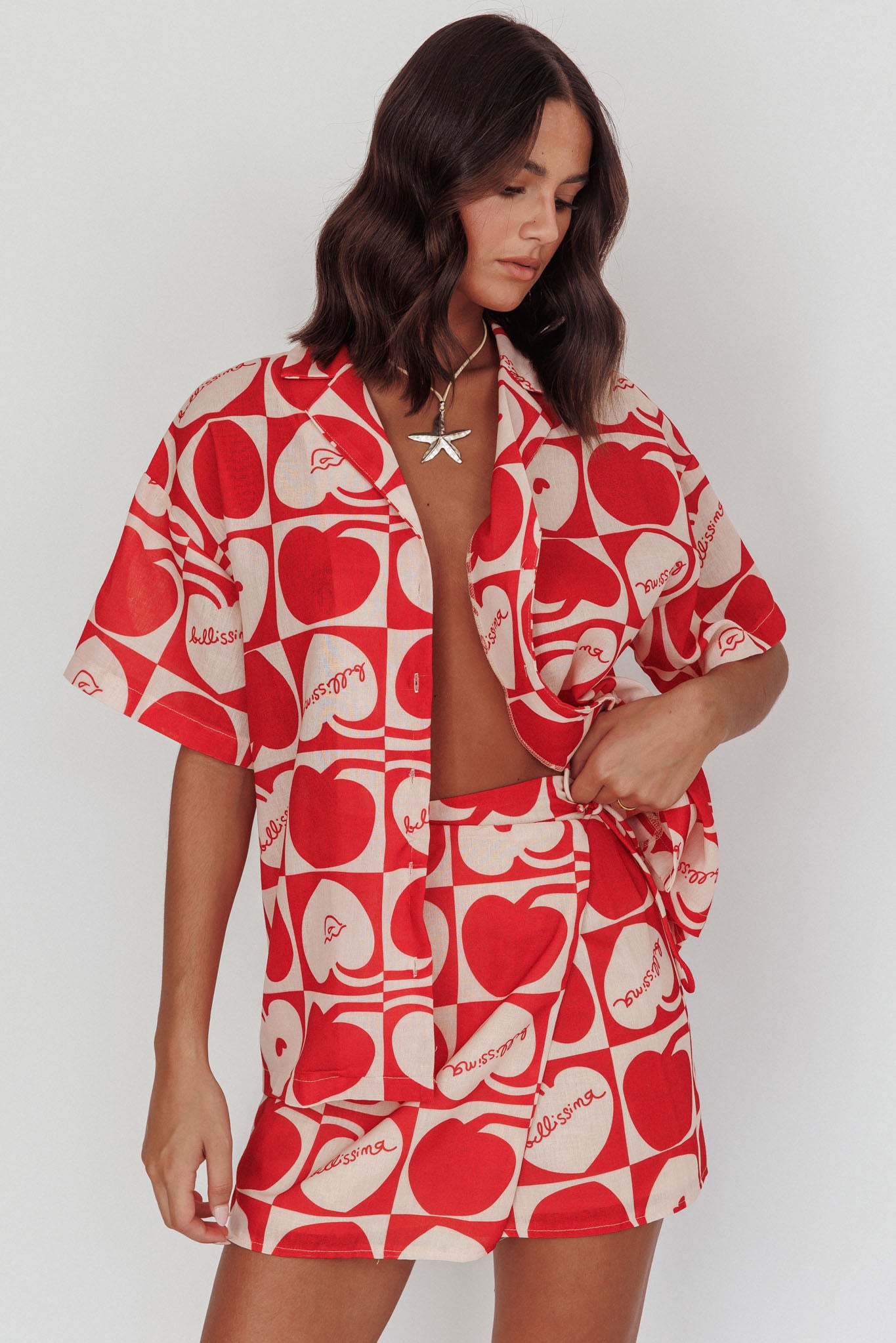 Ithaca Cherry Print Short Sleeve Shirt Red Beige-Maymioy