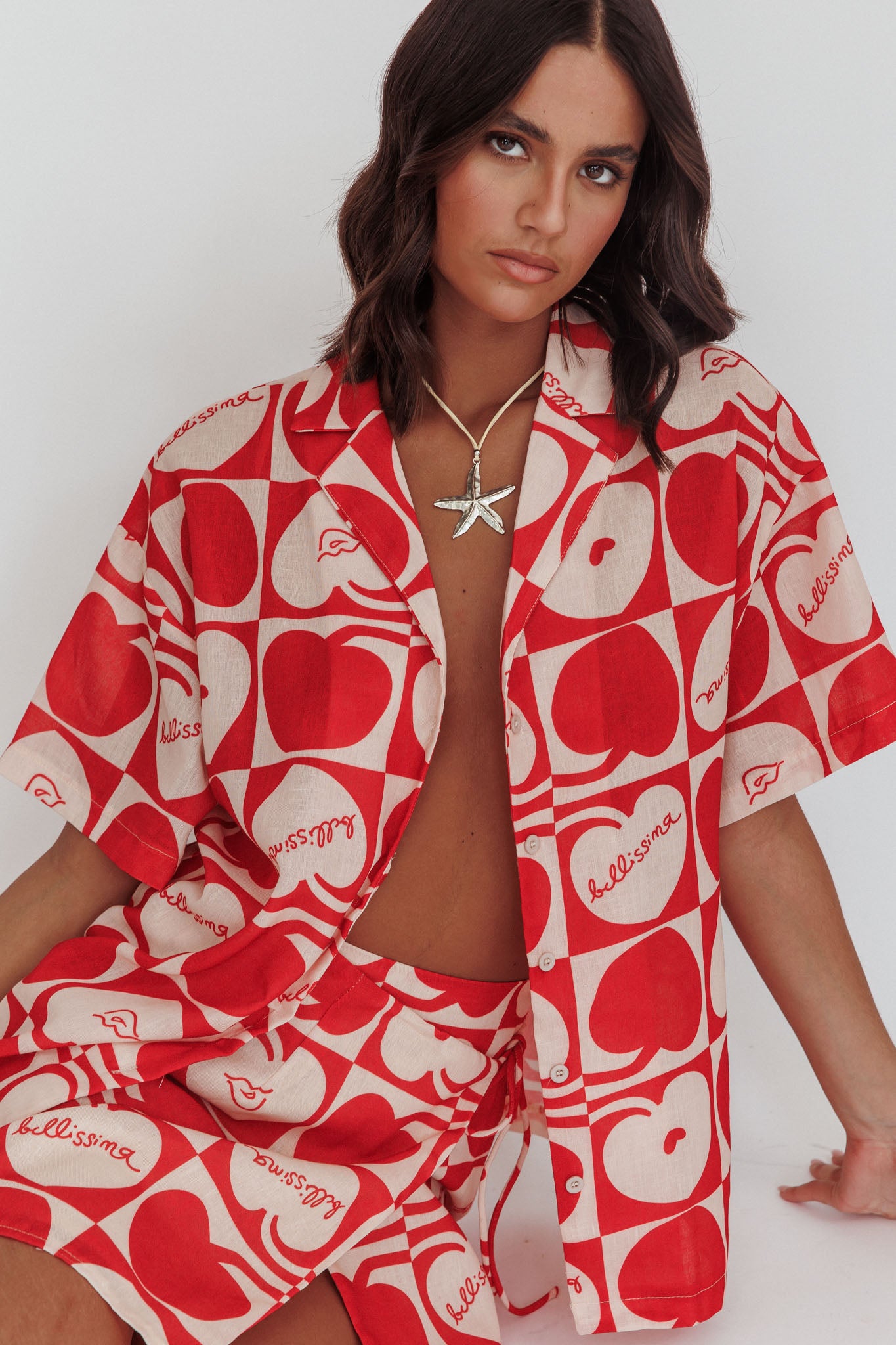 Ithaca Cherry Print Short Sleeve Shirt Red Beige-Maymioy