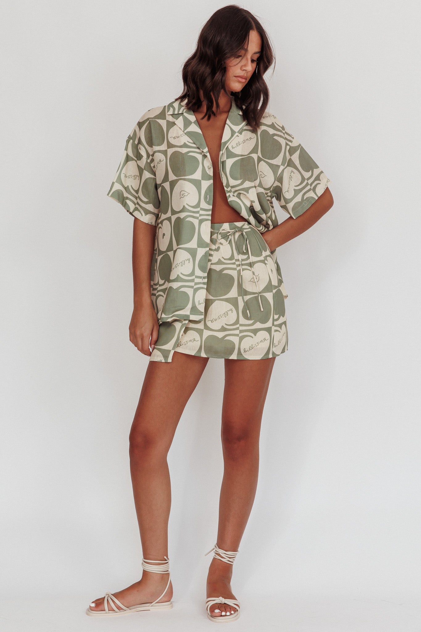 Ithaca Cherry Print Short Sleeve Shirt Sage Beige-Maymioy