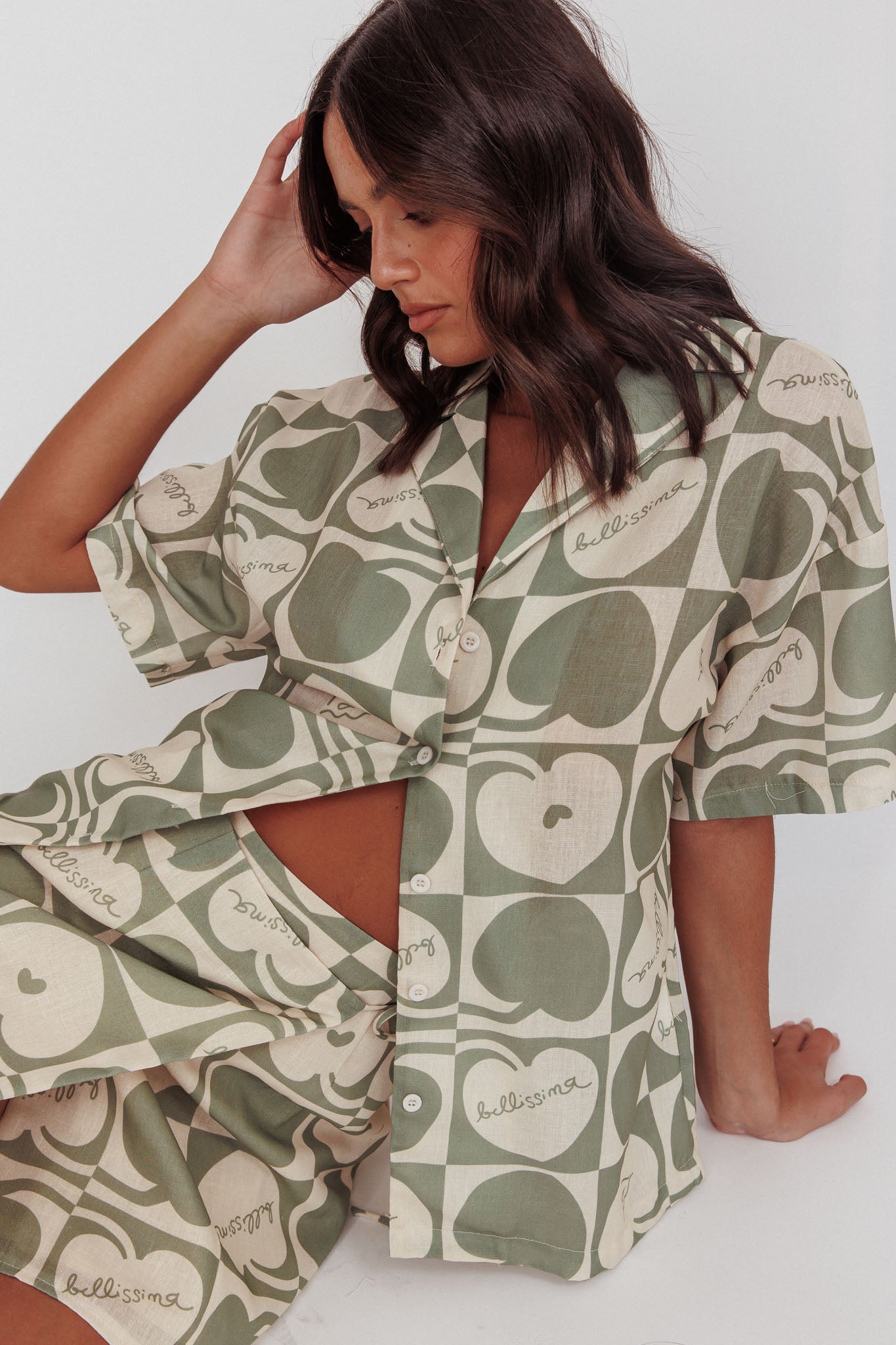 Ithaca Cherry Print Short Sleeve Shirt Sage Beige-Maymioy