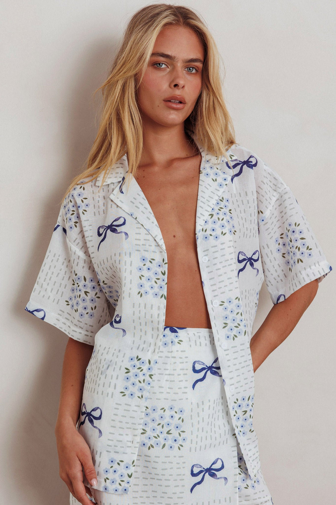 Ithaca Short Sleeve Button Shirt Bow Print Blue-Maymioy