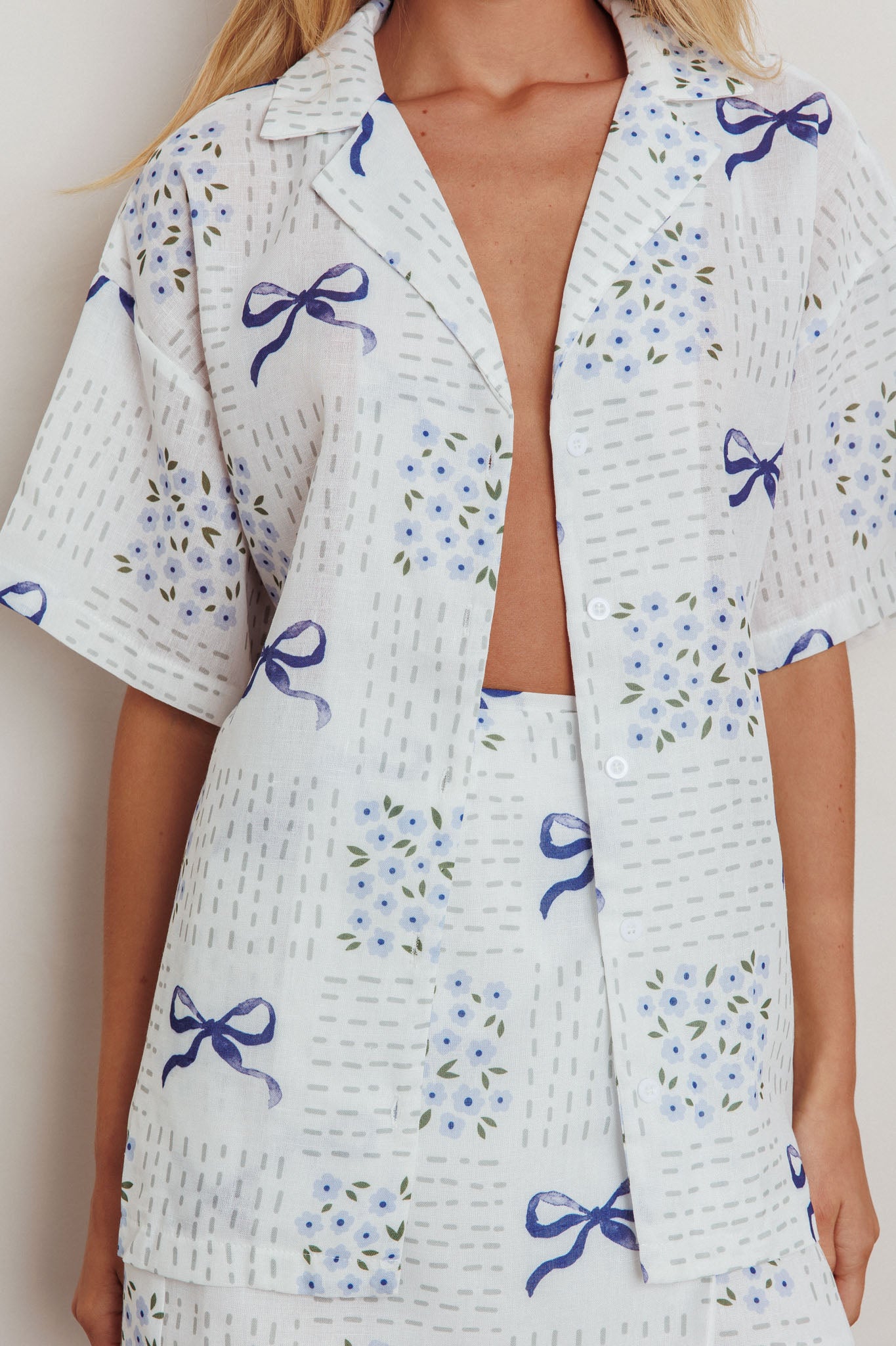 Ithaca Short Sleeve Button Shirt Bow Print Blue-Maymioy