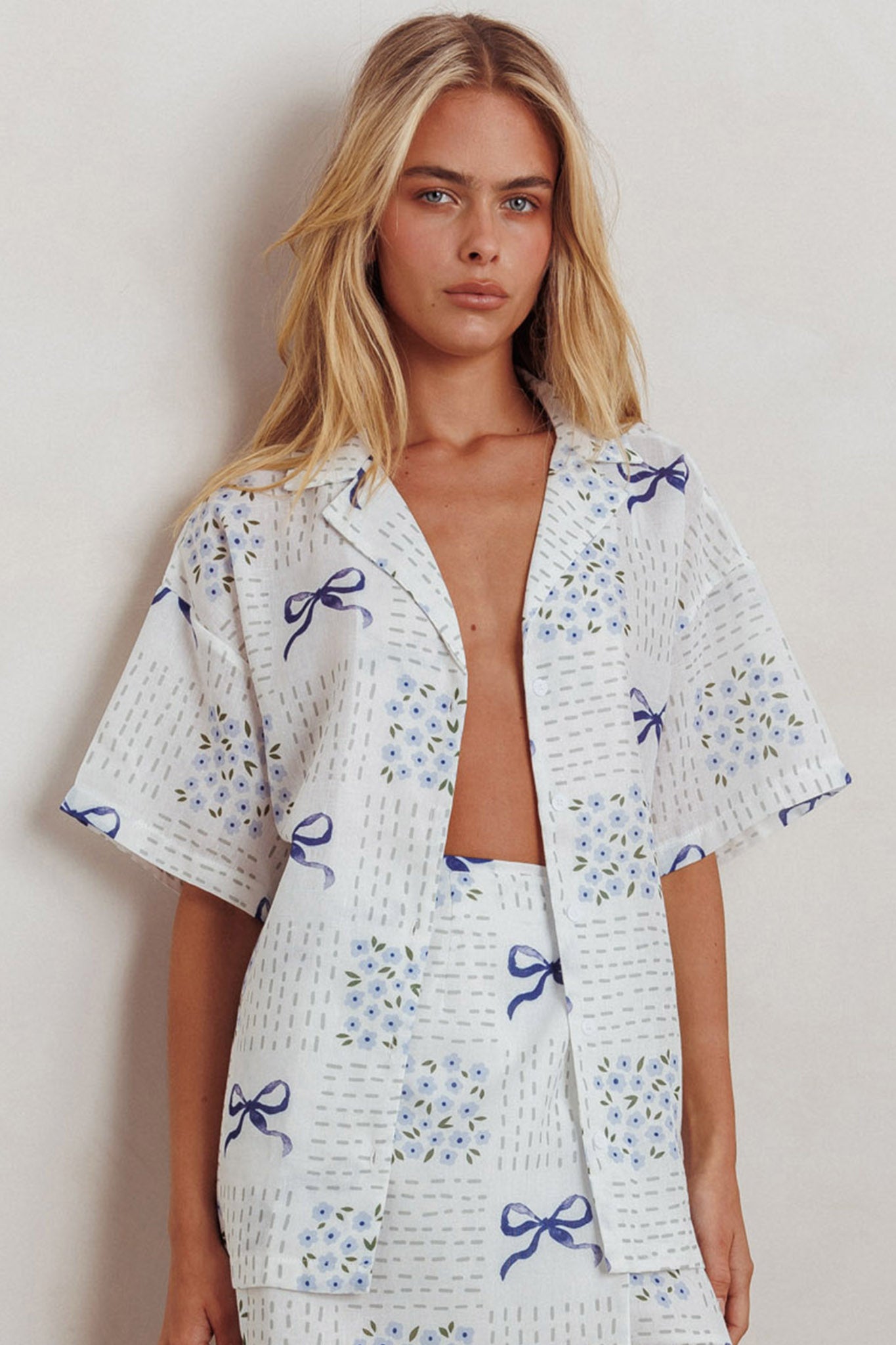 Ithaca Short Sleeve Button Shirt Bow Print Blue-Maymioy