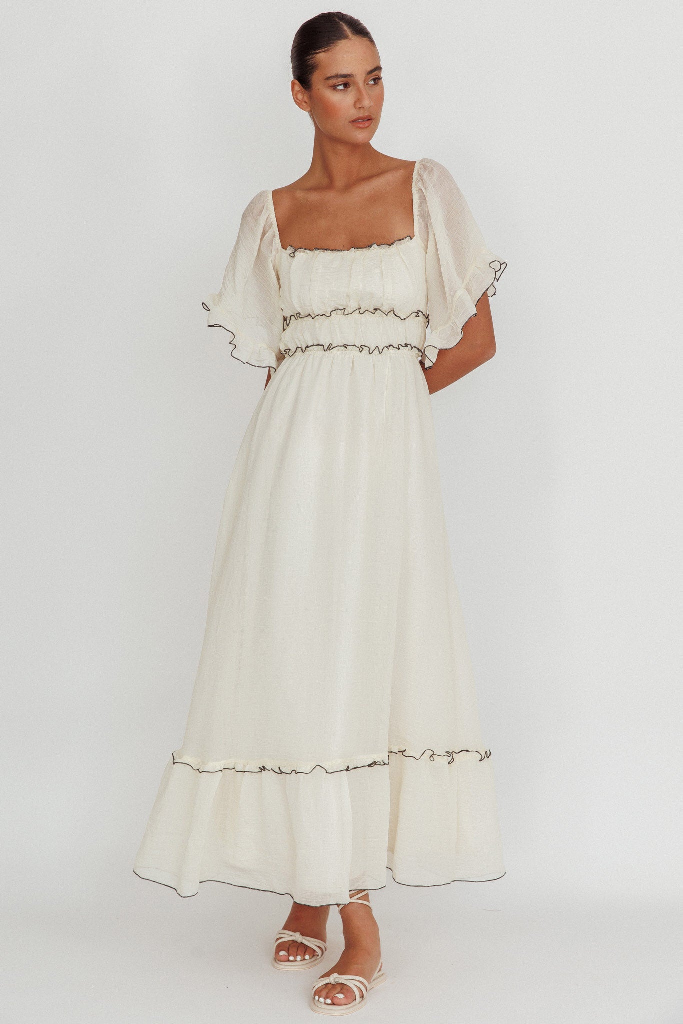 Kathlene Flutter Sleeves Maxi Dress Cream-Maymioy
