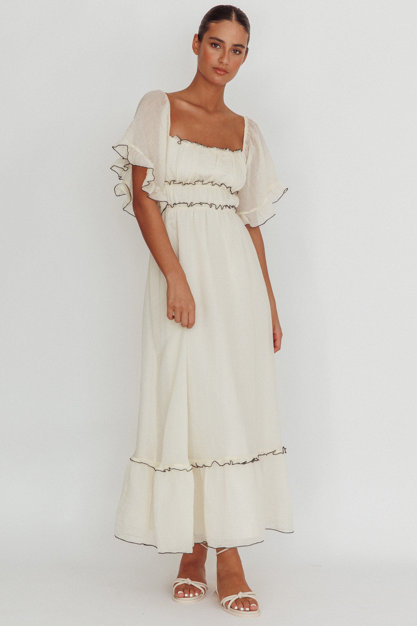 Kathlene Flutter Sleeves Maxi Dress Cream-Maymioy