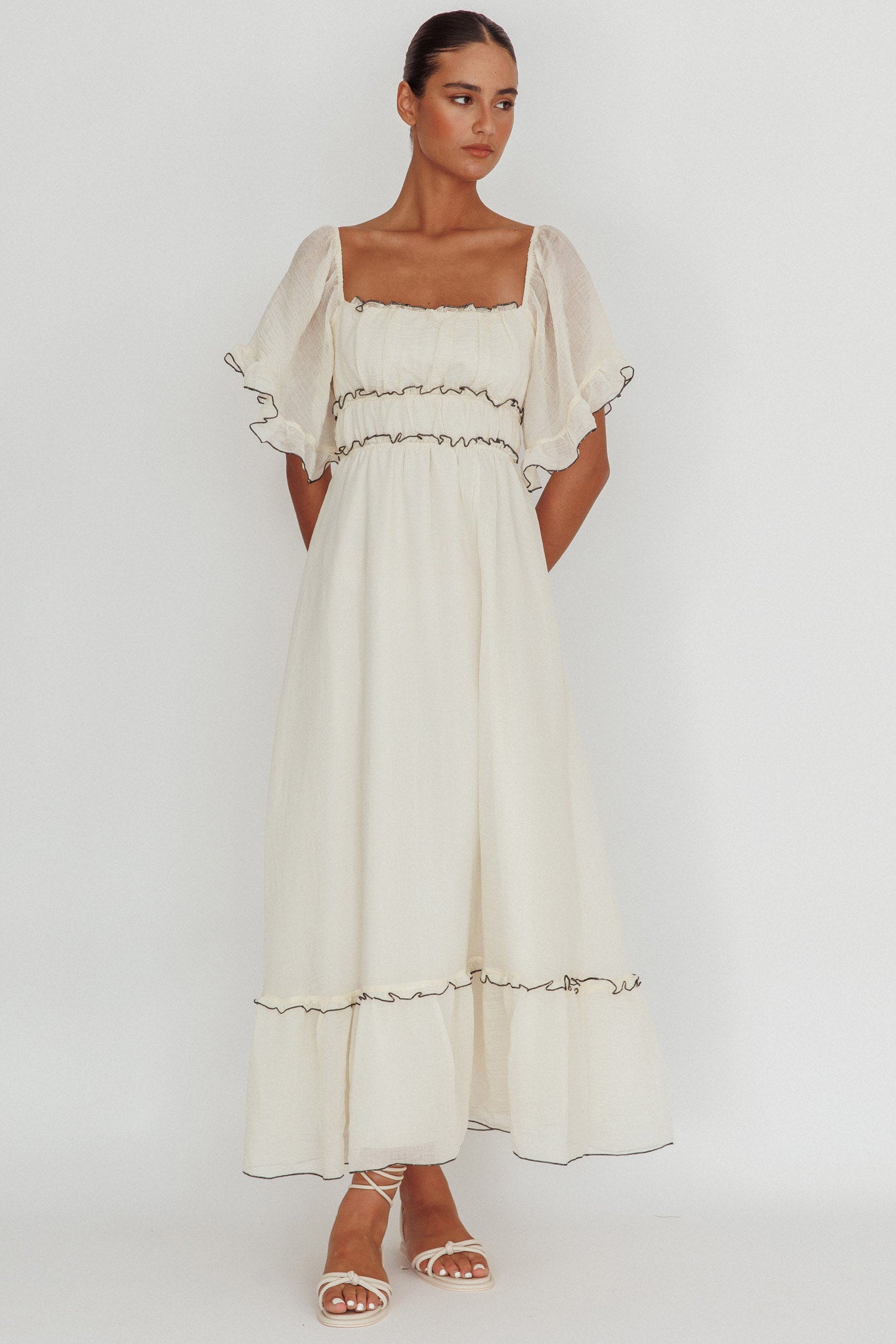 Kathlene Flutter Sleeves Maxi Dress Cream-Maymioy