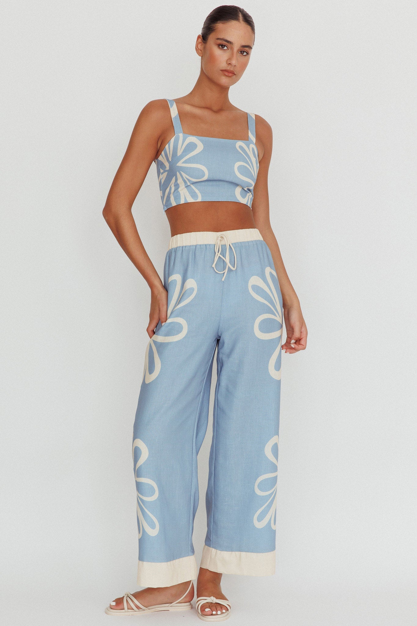 Briar Floral Wide Leg Pants Beige Blue-Maymioy