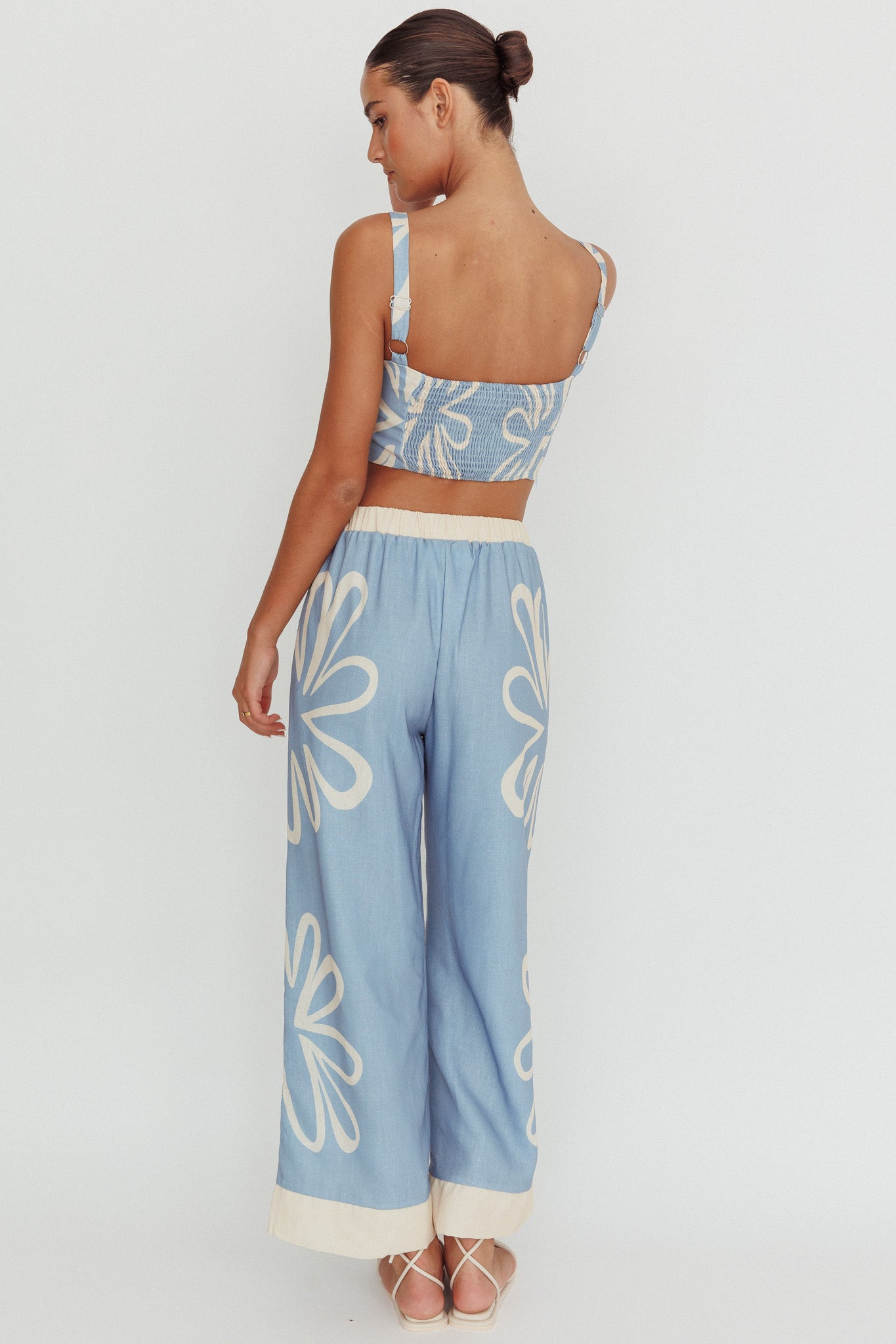 Briar Floral Wide Leg Pants Beige Blue-Maymioy