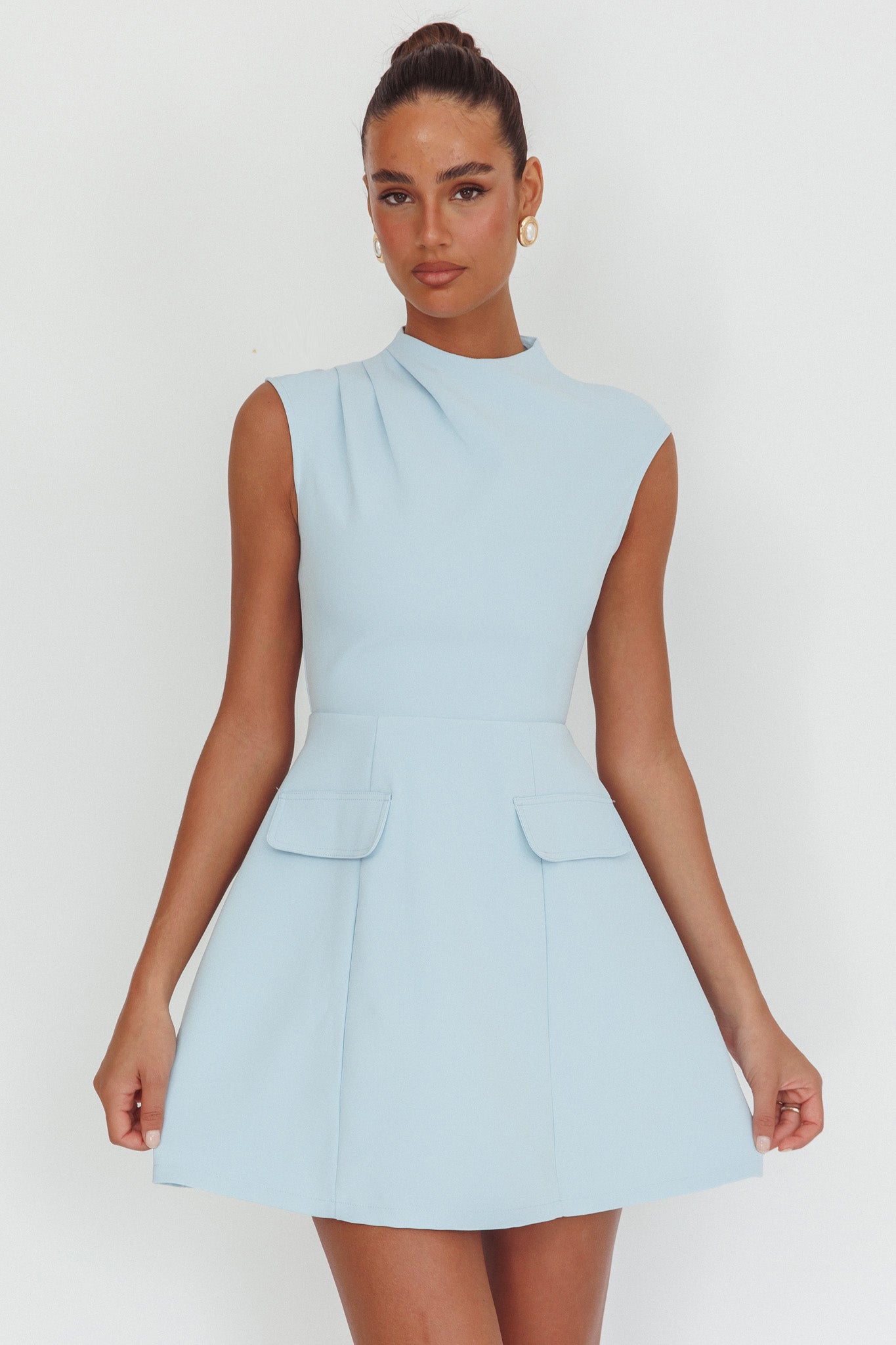 Thandi Pleat Shoulder Faux Pocket Mini Dress Steel Blue-Maymioy