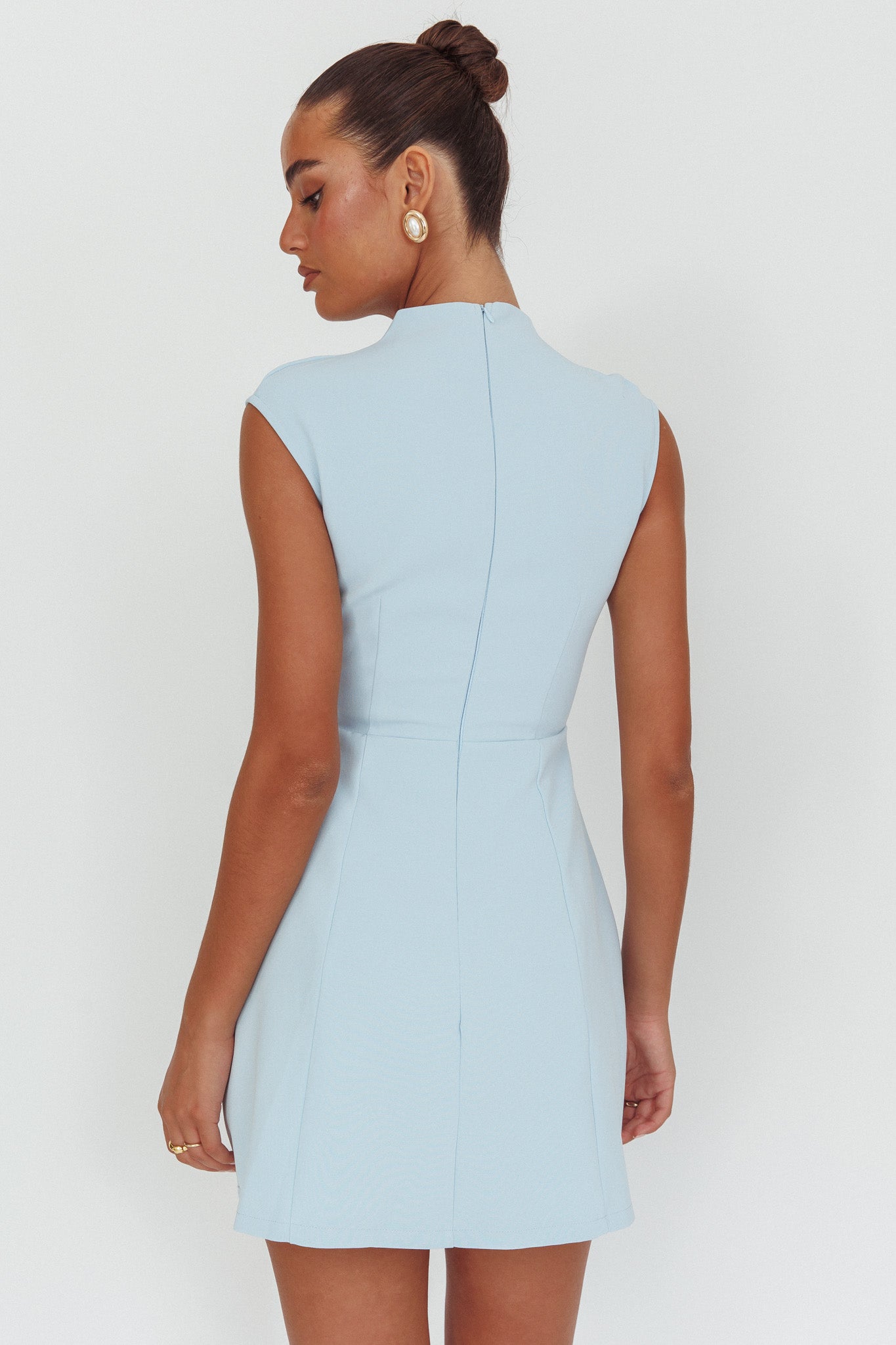 Thandi Pleat Shoulder Faux Pocket Mini Dress Steel Blue-Maymioy