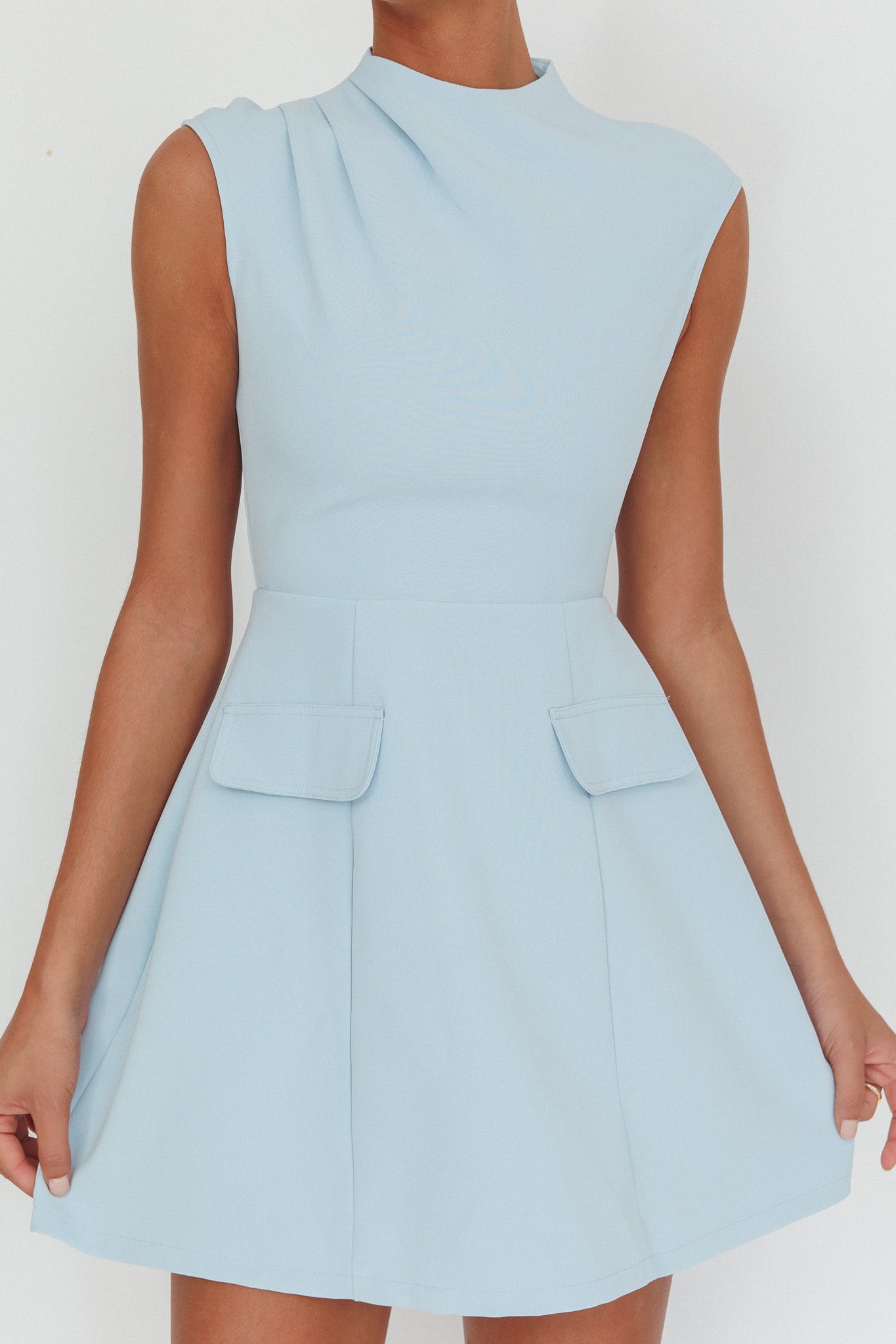 Thandi Pleat Shoulder Faux Pocket Mini Dress Steel Blue-Maymioy