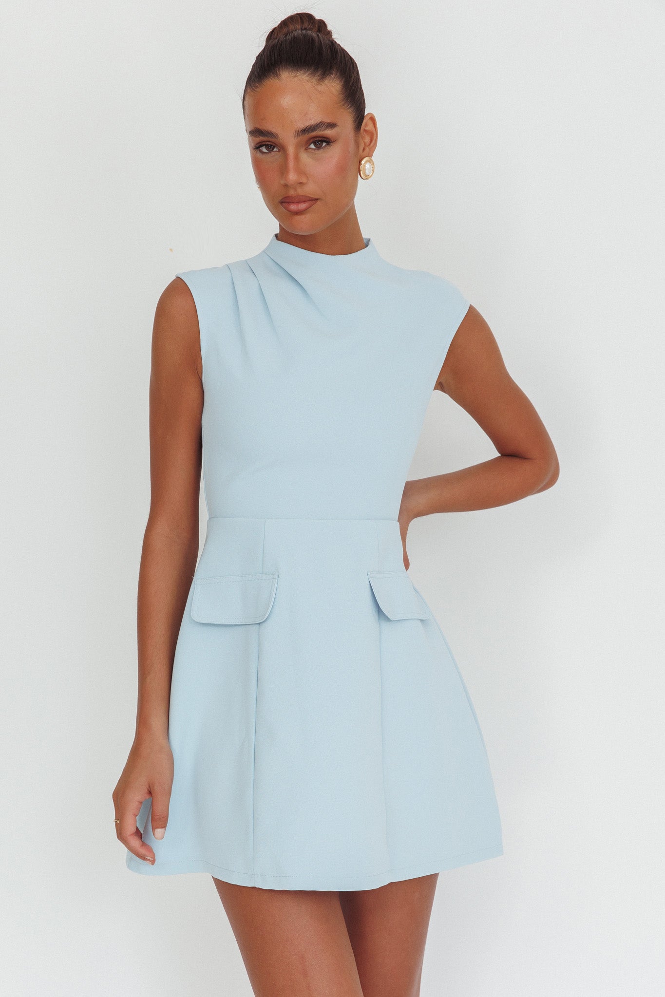 Thandi Pleat Shoulder Faux Pocket Mini Dress Steel Blue-Maymioy