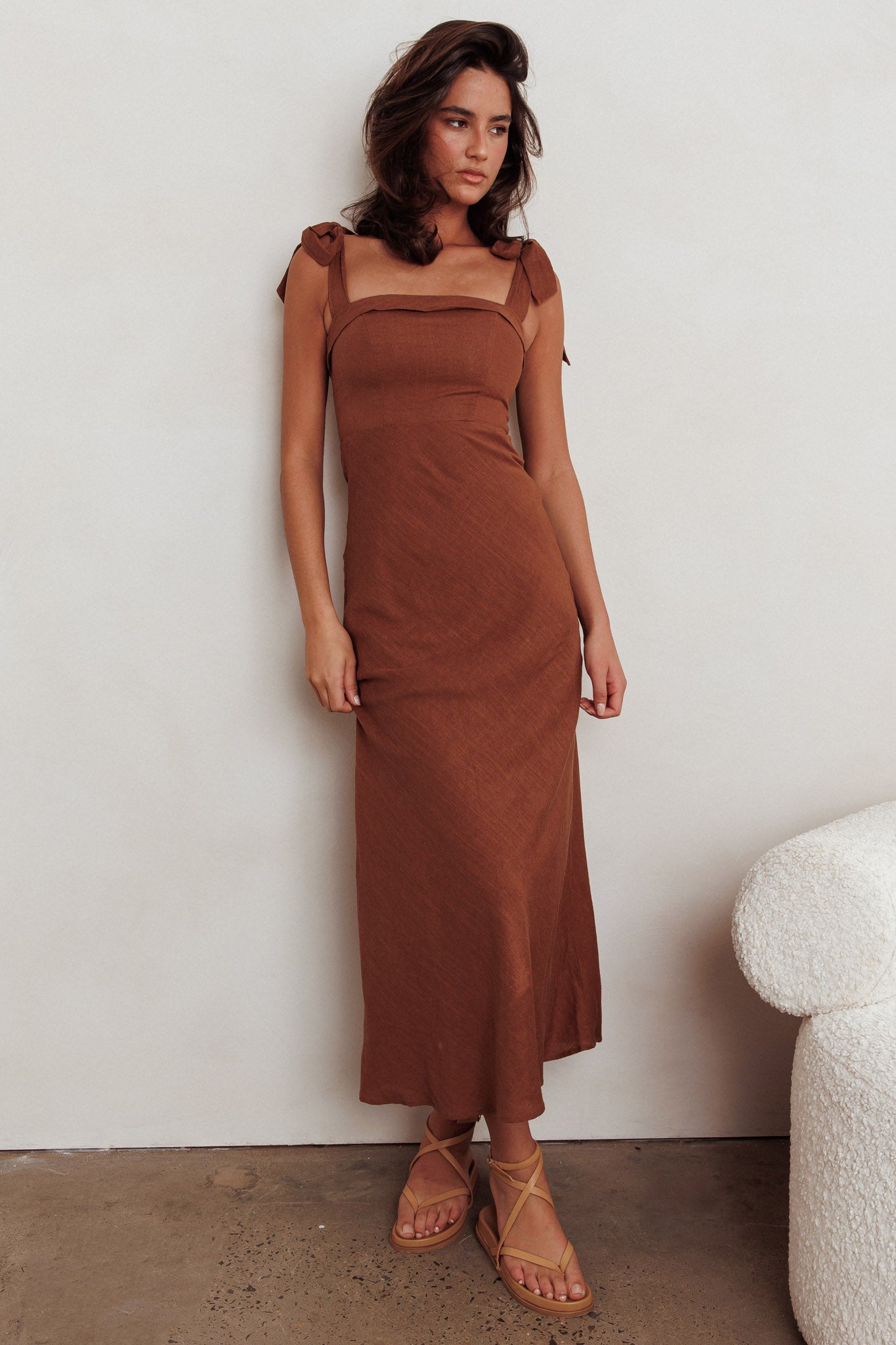 Appreciate You Tied Shoulder Maxi Dress Chocolate-Maymioy