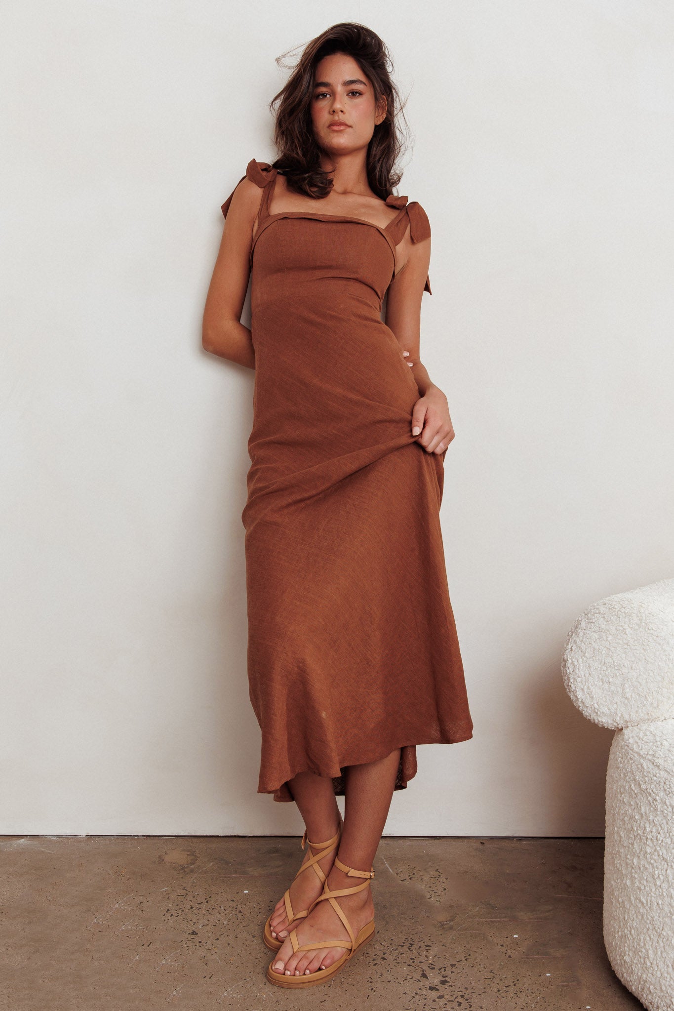 Appreciate You Tied Shoulder Maxi Dress Chocolate-Maymioy