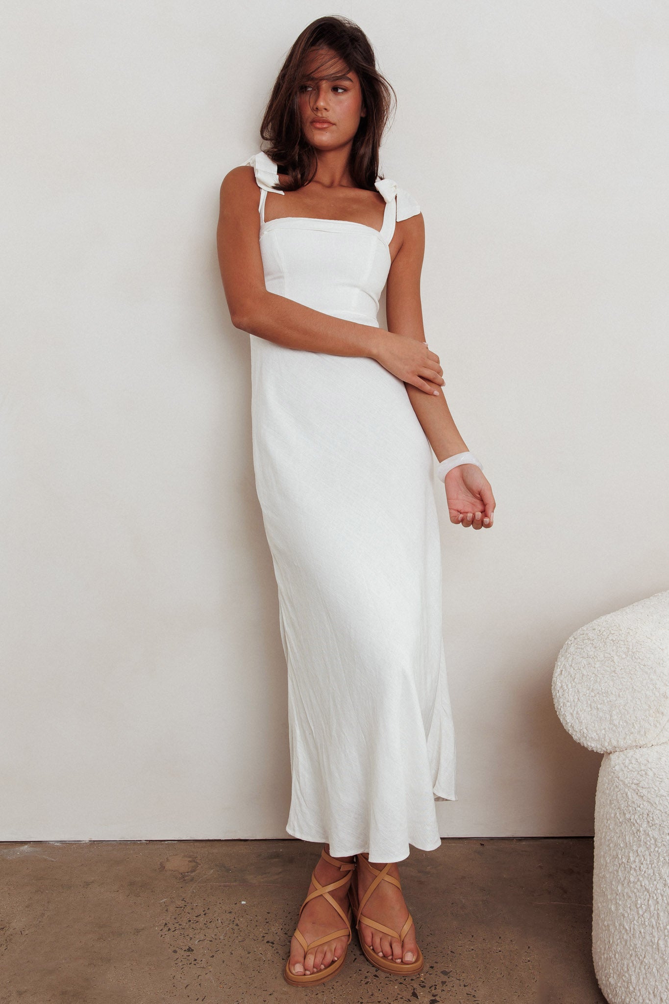 Appreciate You Tied Shoulder Maxi Dress White-Maymioy