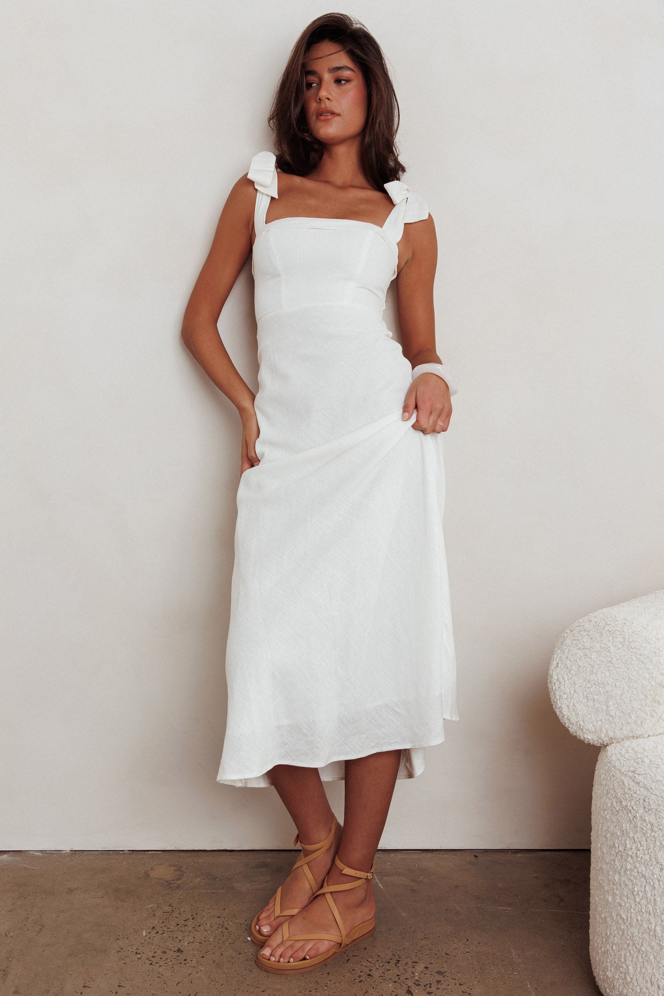 Appreciate You Tied Shoulder Maxi Dress White-Maymioy