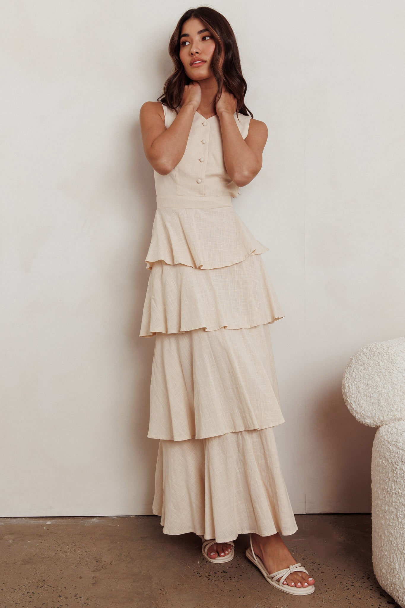Just Perfect Tiered Ruffle Maxi Dress Oat-Maymioy