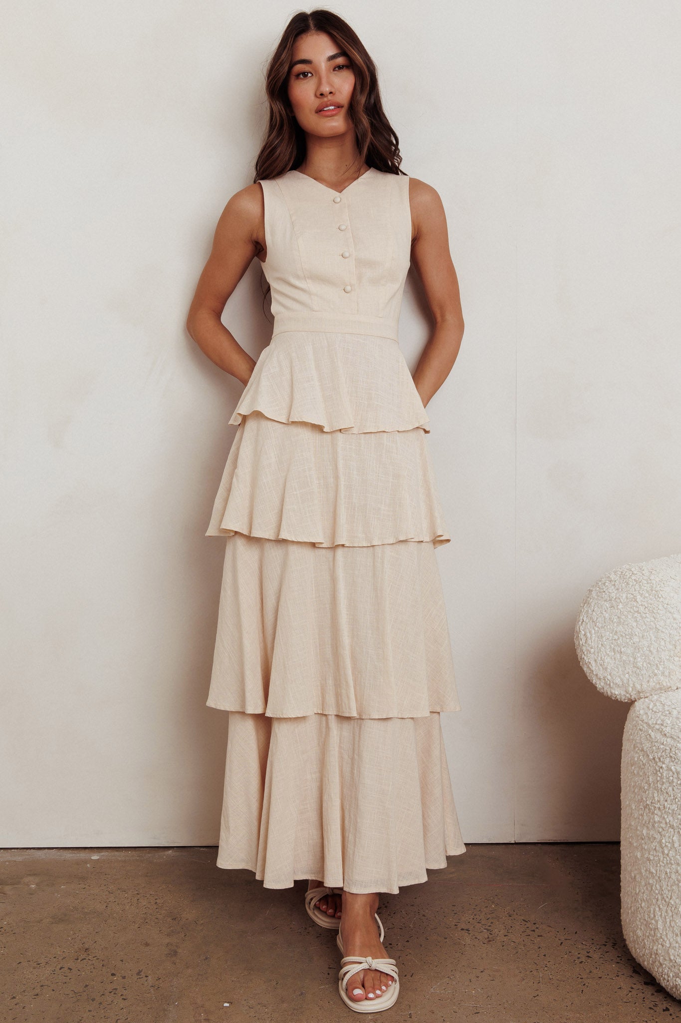 Just Perfect Tiered Ruffle Maxi Dress Oat-Maymioy