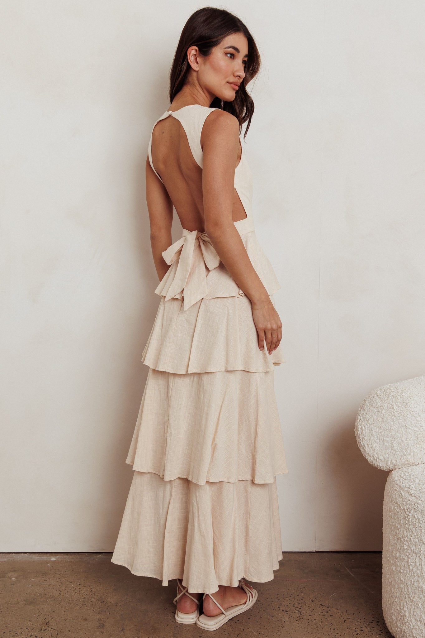 Just Perfect Tiered Ruffle Maxi Dress Oat-Maymioy