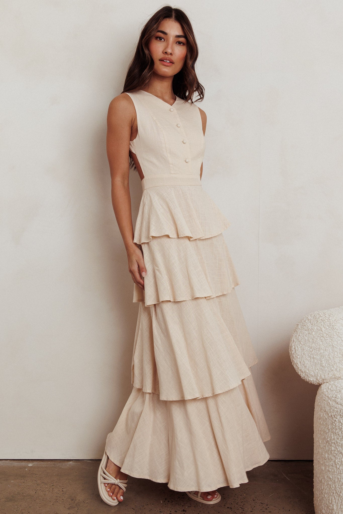 Just Perfect Tiered Ruffle Maxi Dress Oat-Maymioy