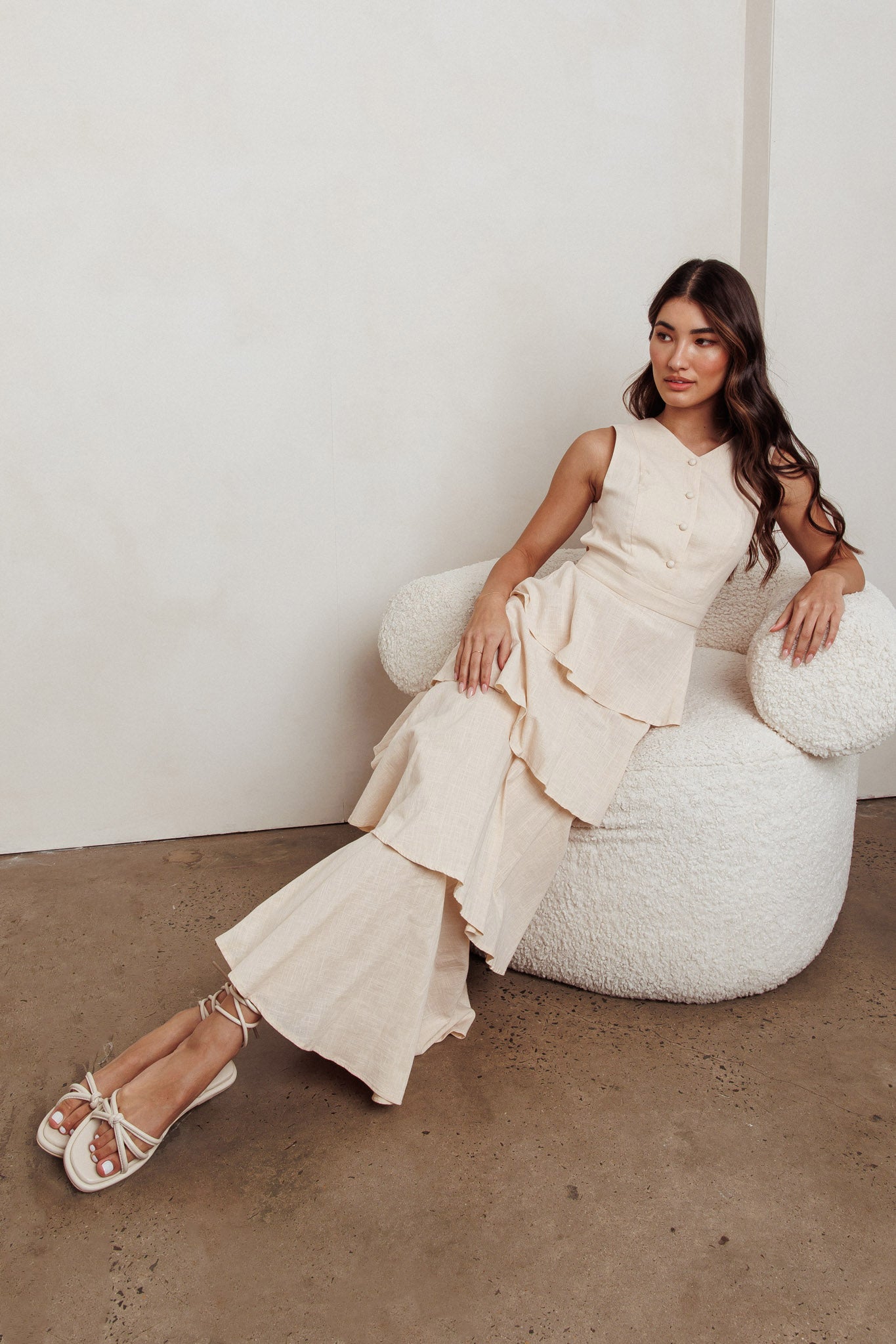 Just Perfect Tiered Ruffle Maxi Dress Oat-Maymioy
