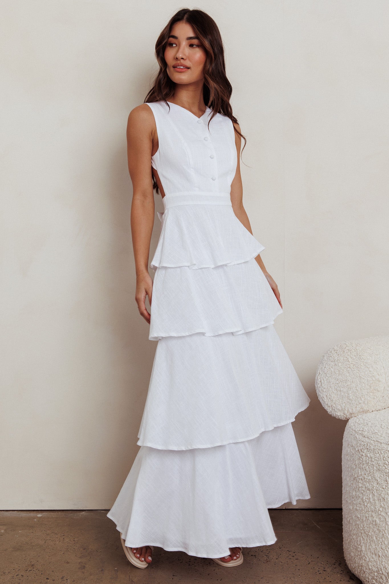 Just Perfect Tiered Ruffle Maxi Dress White-Maymioy