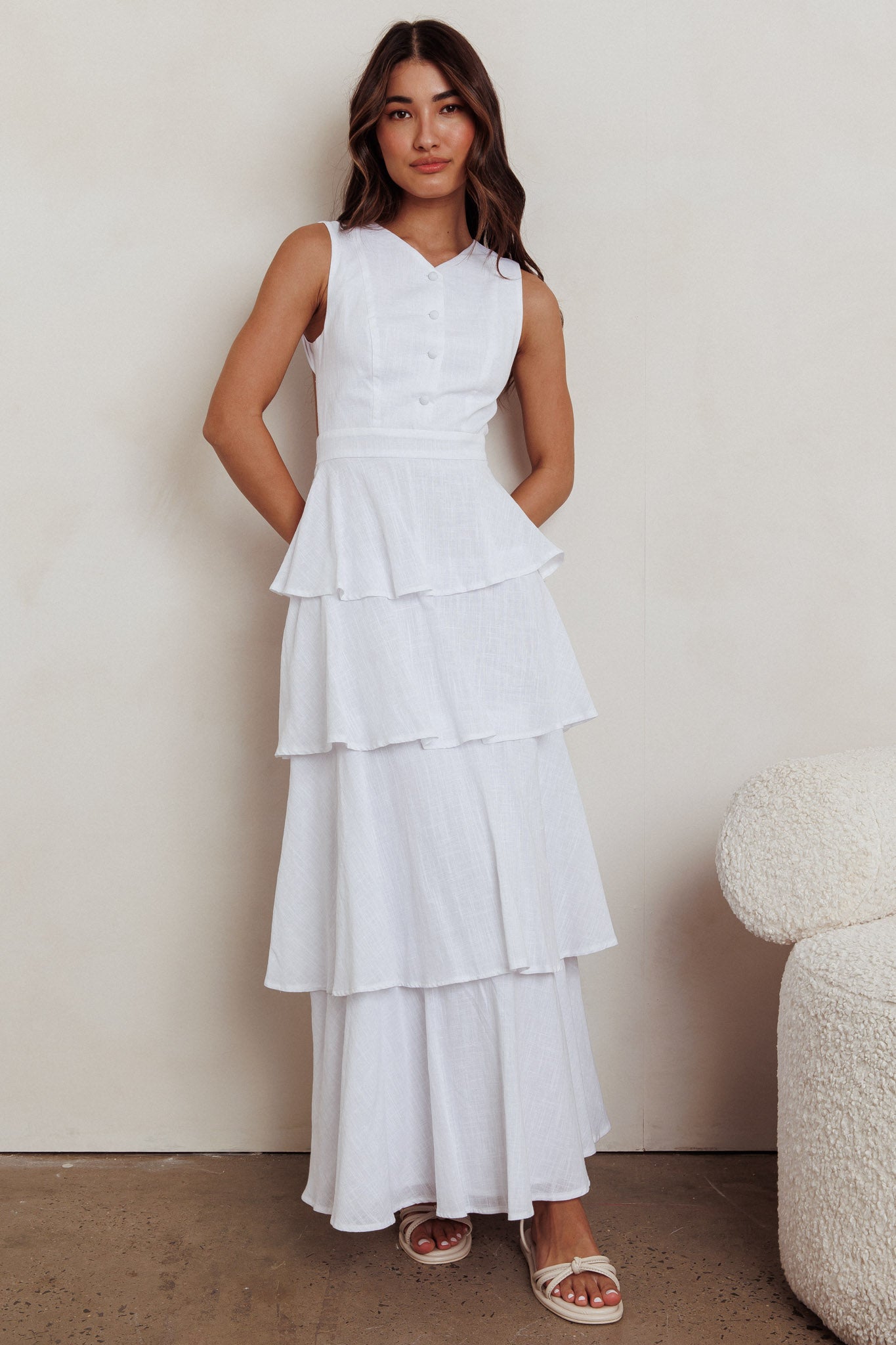Just Perfect Tiered Ruffle Maxi Dress White-Maymioy