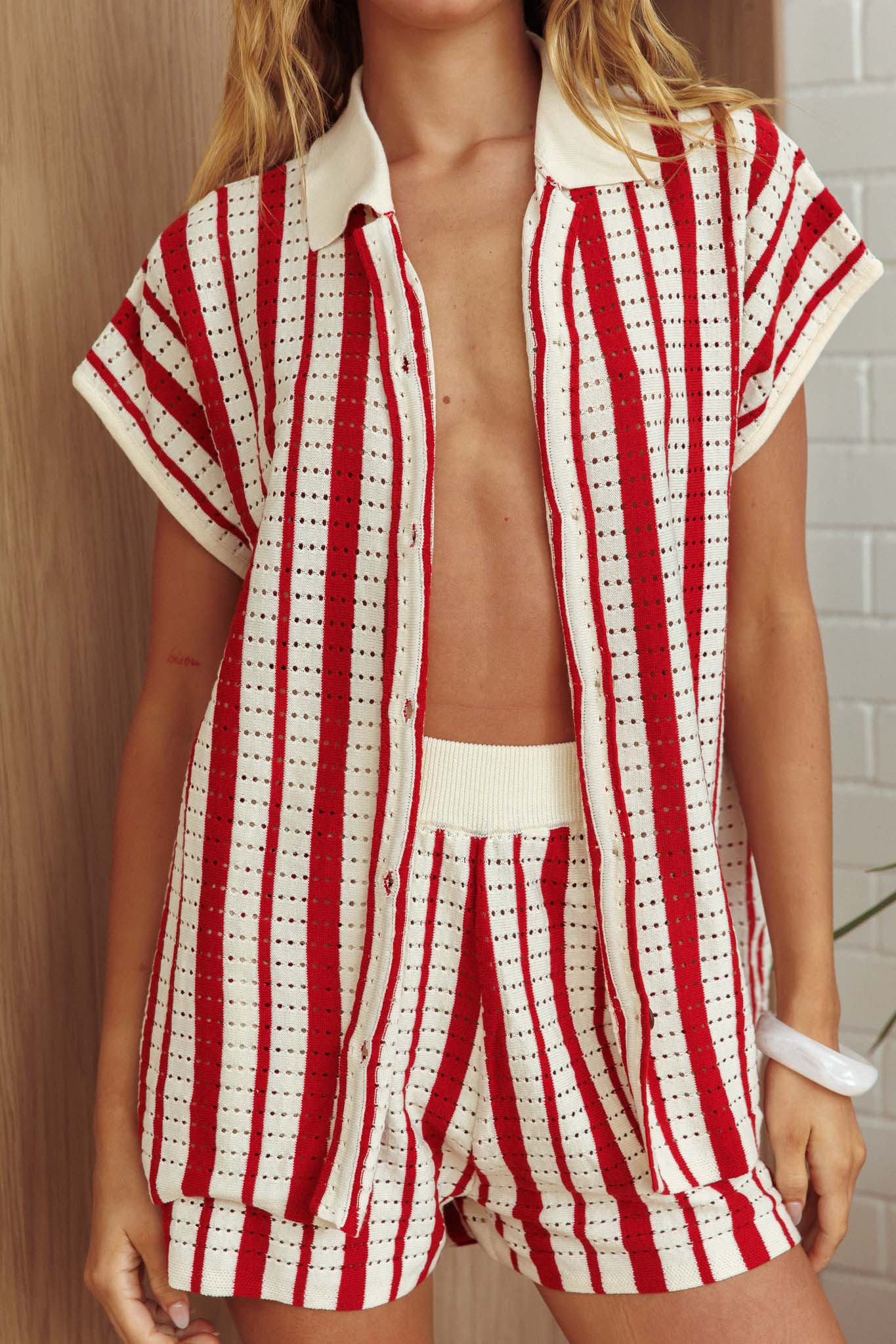 Influence Short Sleeve Knit Shirt Striped Red-Maymioy