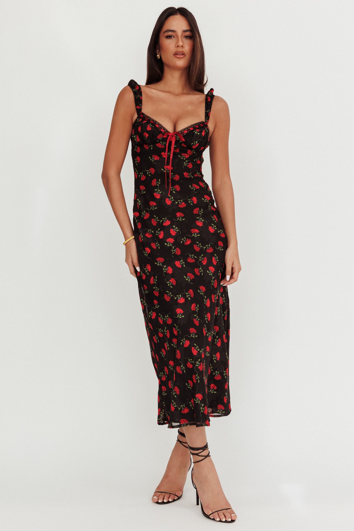 Femme Belle Ribbon Trim Maxi Dress Floral Black-Maymioy