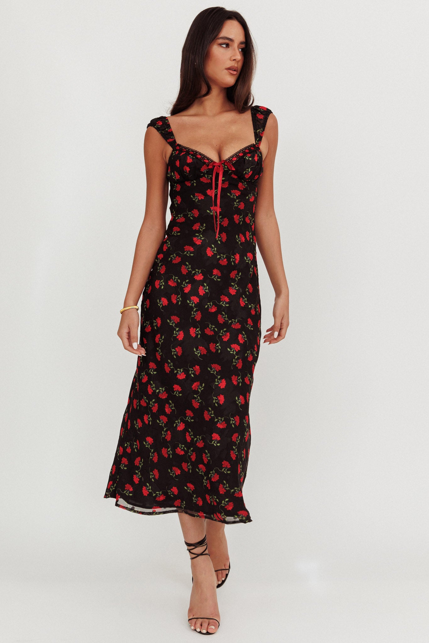 Femme Belle Ribbon Trim Maxi Dress Floral Black-Maymioy