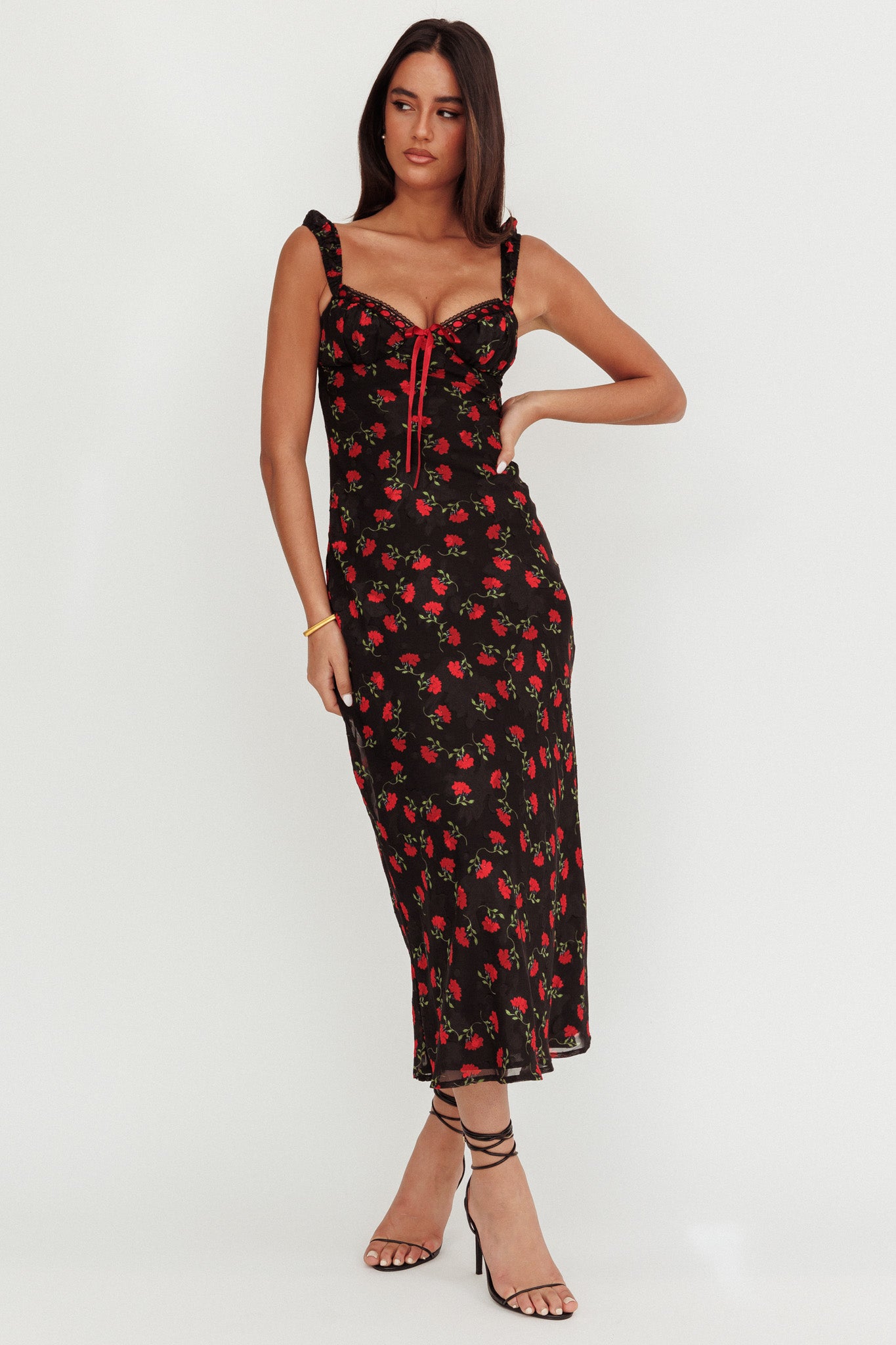 Femme Belle Ribbon Trim Maxi Dress Floral Black-Maymioy