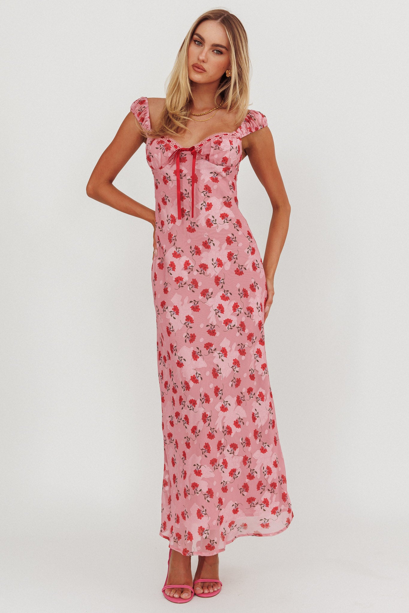 Femme Belle Ribbon Trim Maxi Dress Floral Pink-Maymioy