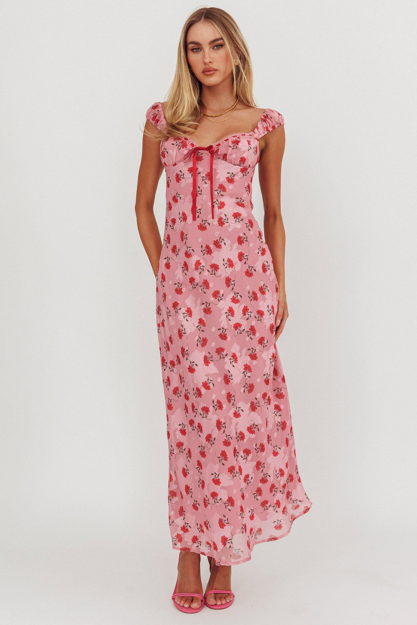 Femme Belle Ribbon Trim Maxi Dress Floral Pink-Maymioy