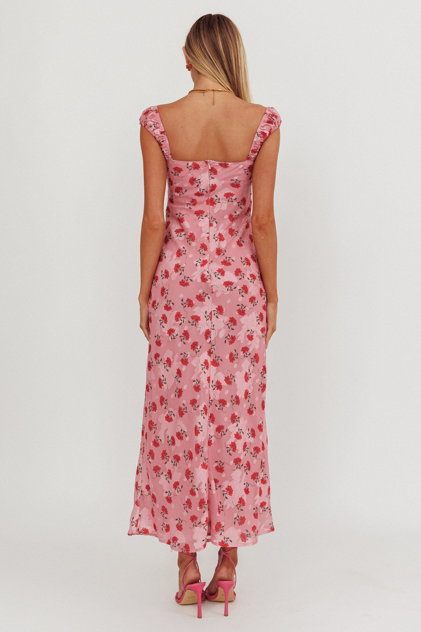 Femme Belle Ribbon Trim Maxi Dress Floral Pink-Maymioy