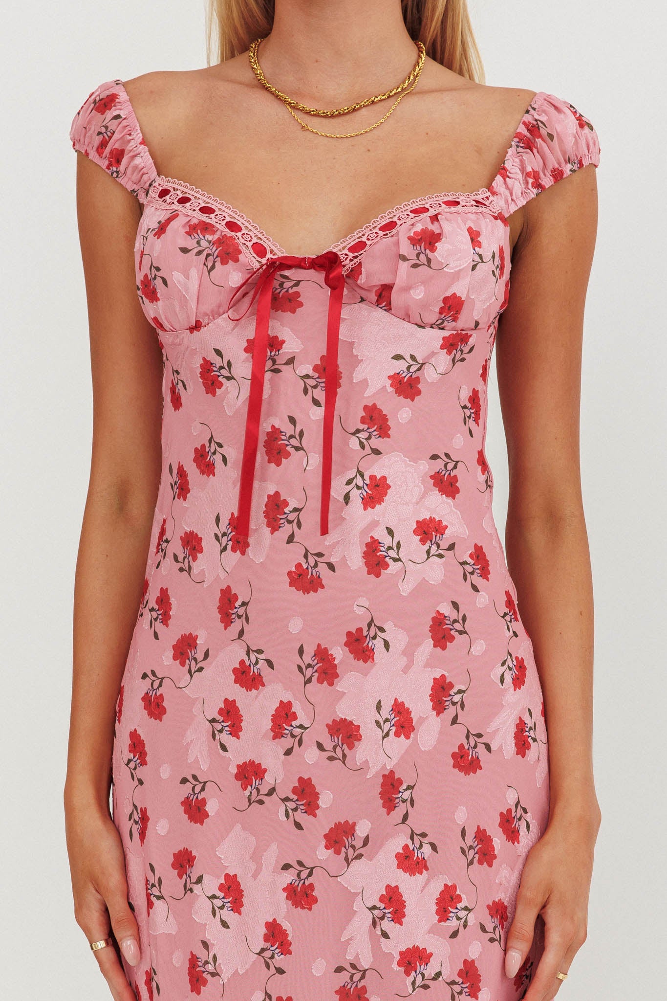 Femme Belle Ribbon Trim Maxi Dress Floral Pink-Maymioy