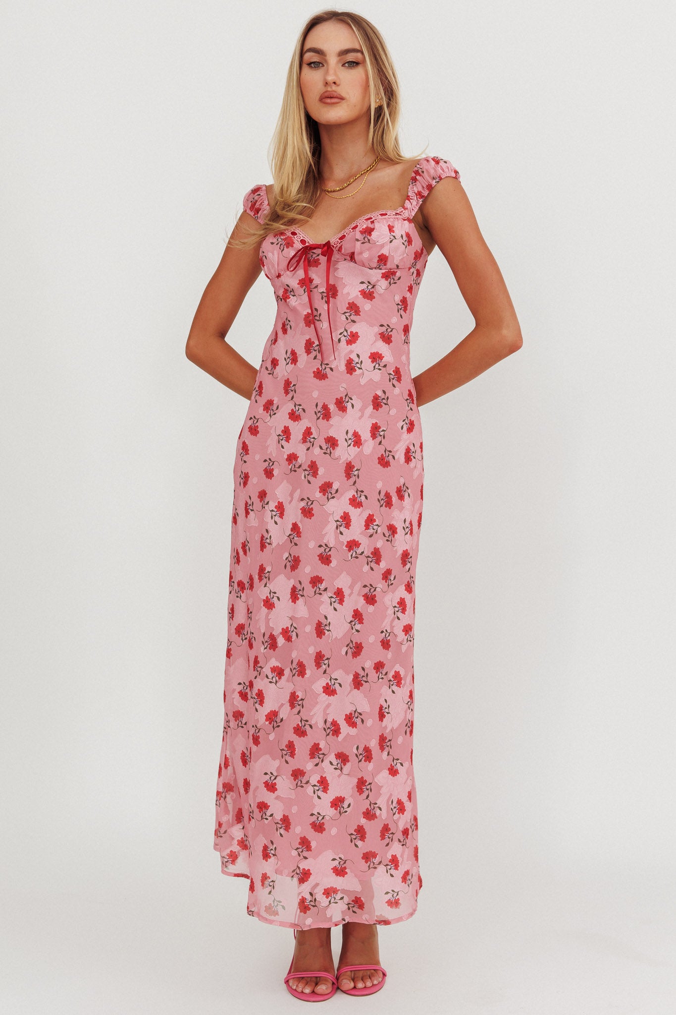 Femme Belle Ribbon Trim Maxi Dress Floral Pink-Maymioy