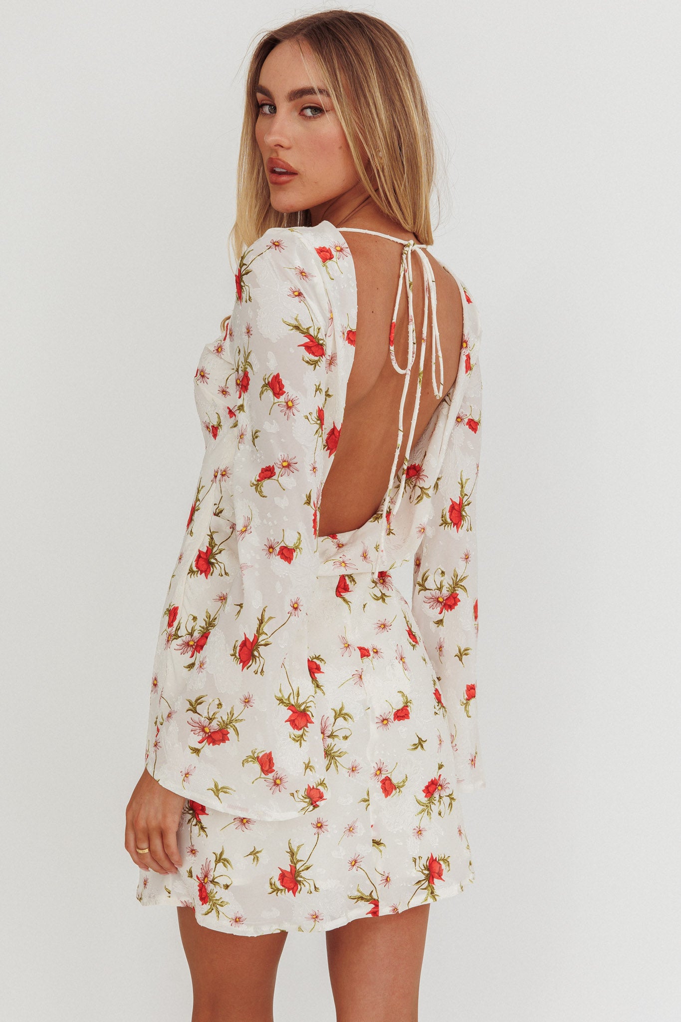 Thriller Long Sleeve Backless Mini Dress Floral White-Maymioy